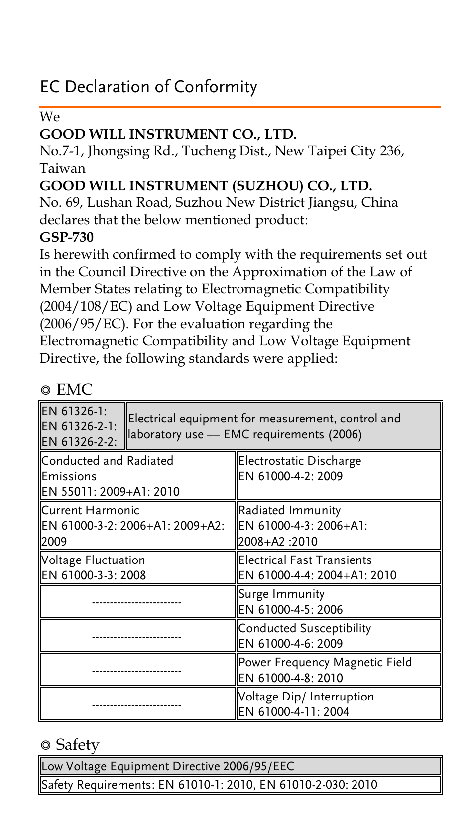 Ec declaration of conformity, Safety | GW Instek GSP-730 Quick start guide User Manual | Page 20 / 20