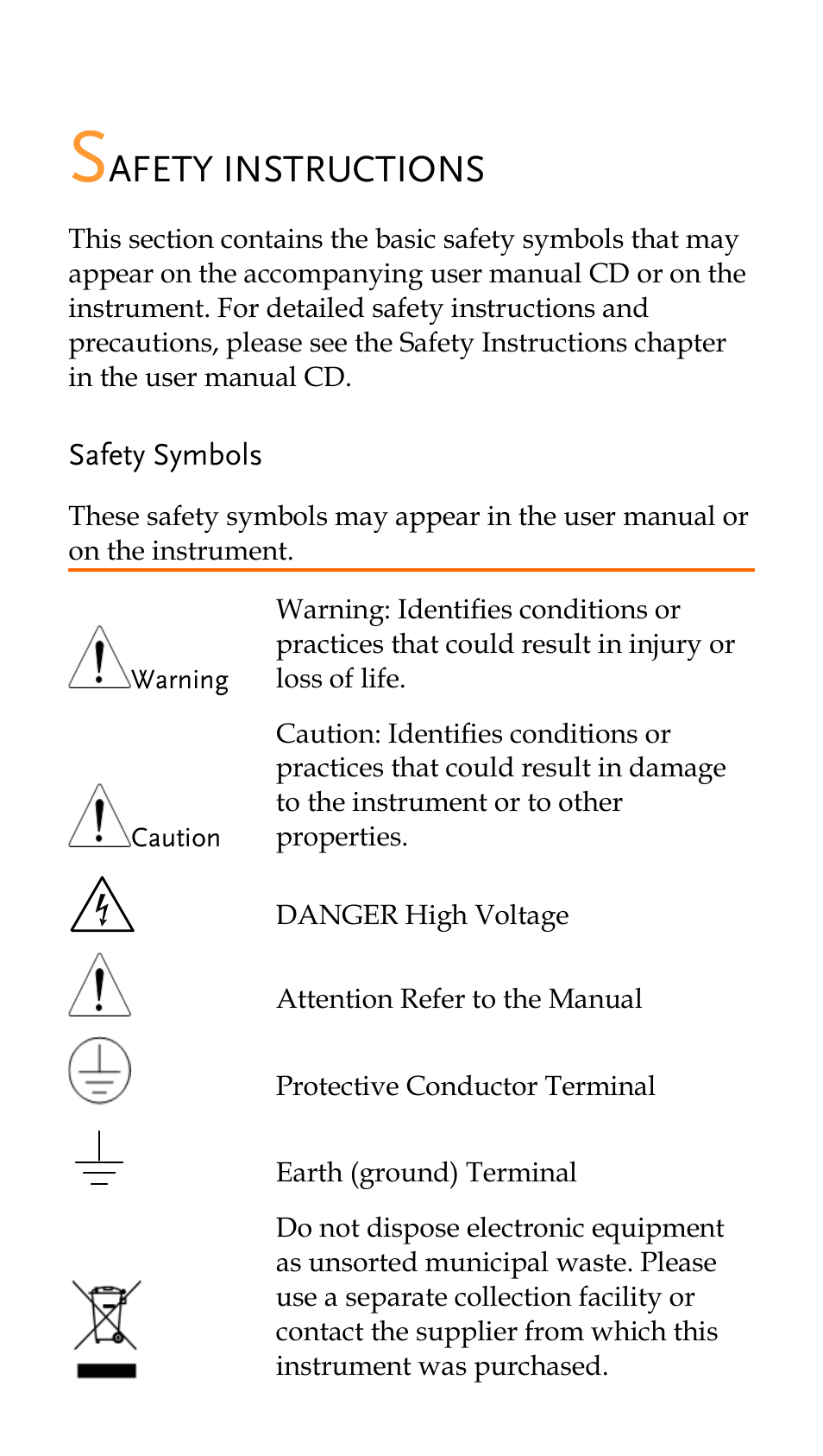 Safety instructions, Safety symbols, Afety instructions | GW Instek GSP-730 Quick start guide User Manual | Page 3 / 20