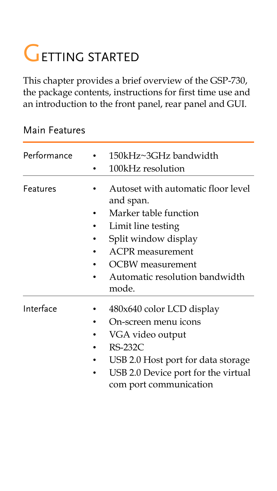 Getting started, Main features, Etting started | GW Instek GSP-730 Quick start guide User Manual | Page 5 / 20