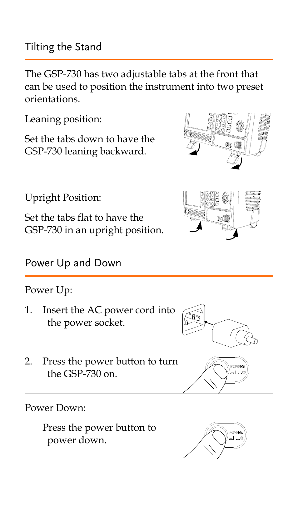 Tilting the stand, Power up and down | GW Instek GSP-730 Quick start guide User Manual | Page 9 / 20