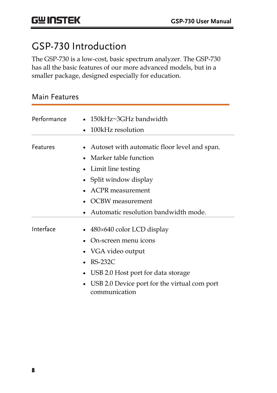 Gsp-730 introduction, Main features | GW Instek GSP-730 User Manual User Manual | Page 10 / 114