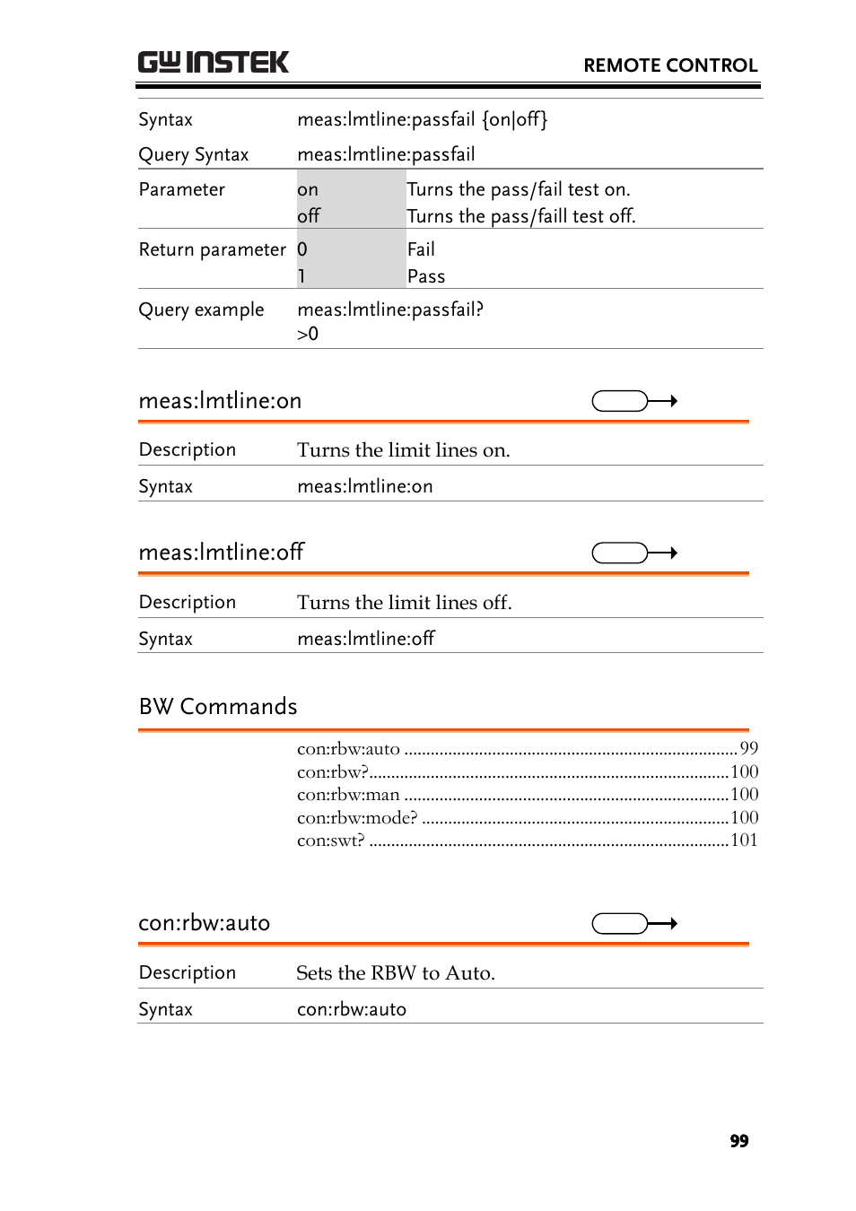 Bw commands, Meas:lmtline:on, Meas:lmtline:off | Con:rbw:auto | GW Instek GSP-730 User Manual User Manual | Page 101 / 114