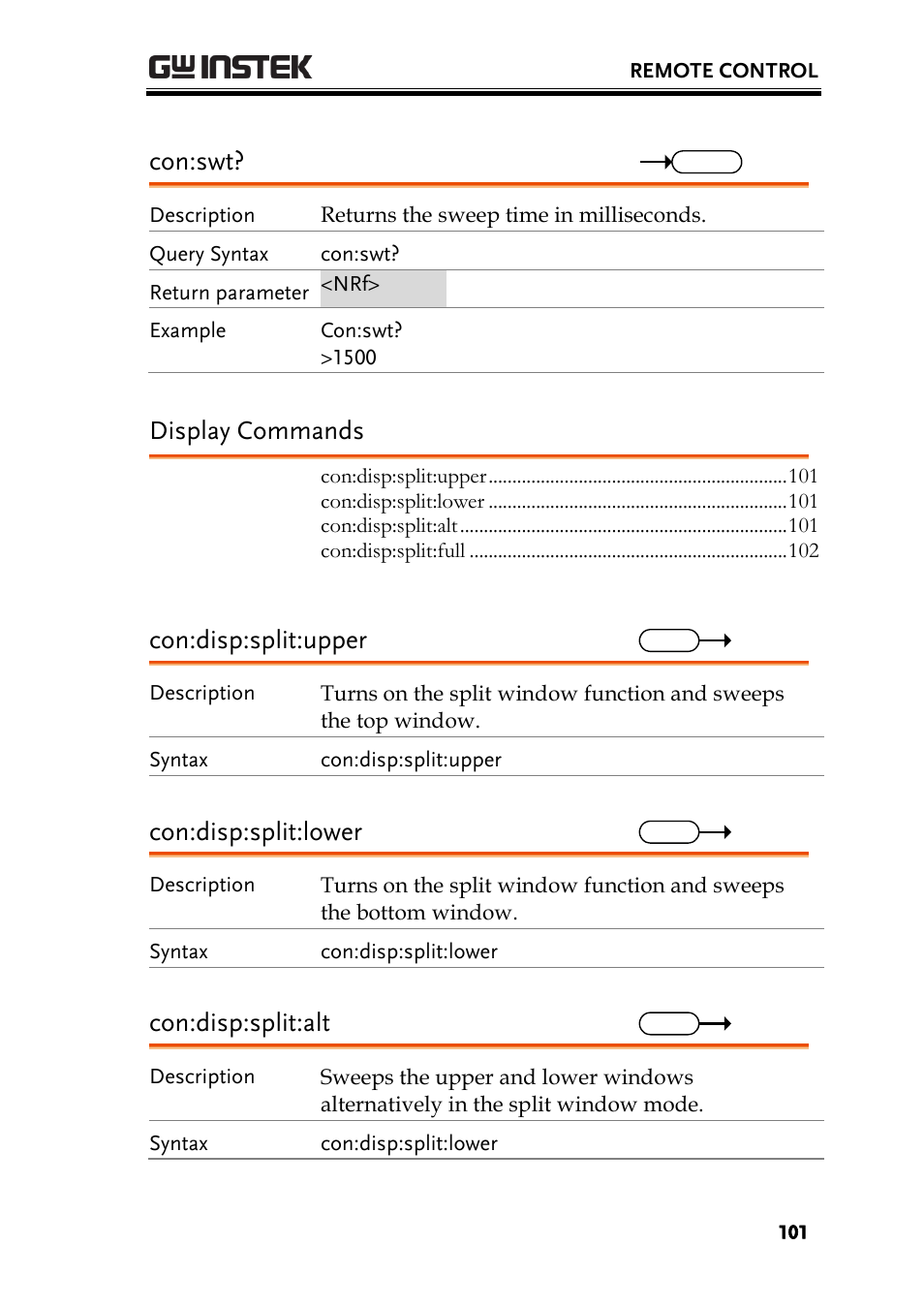 Display commands, Con:swt, Con:disp:split:upper | Con:disp:split:lower, Con:disp:split:alt | GW Instek GSP-730 User Manual User Manual | Page 103 / 114