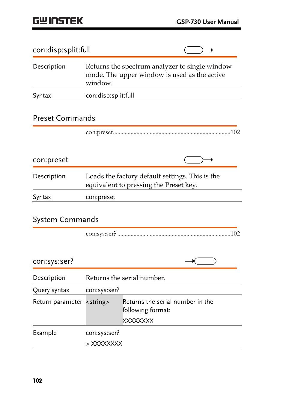 Preset commands, System commands, Con:disp:split:full | Con:preset, Con:sys:ser | GW Instek GSP-730 User Manual User Manual | Page 104 / 114