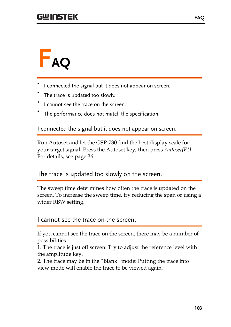 The trace is updated too slowly on the screen, I cannot see the trace on the screen | GW Instek GSP-730 User Manual User Manual | Page 105 / 114