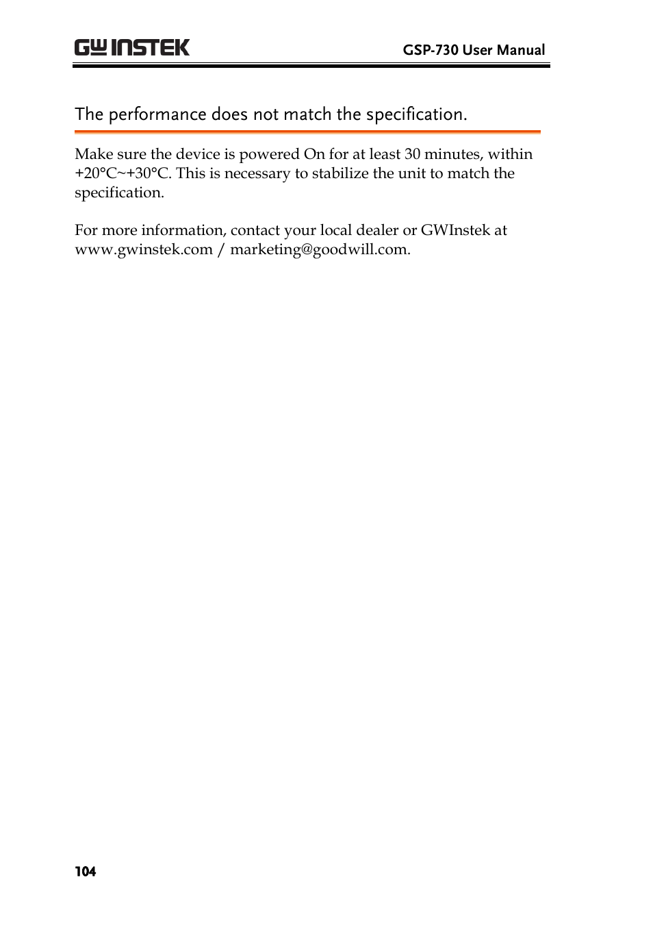 The performance does not match the specification | GW Instek GSP-730 User Manual User Manual | Page 106 / 114