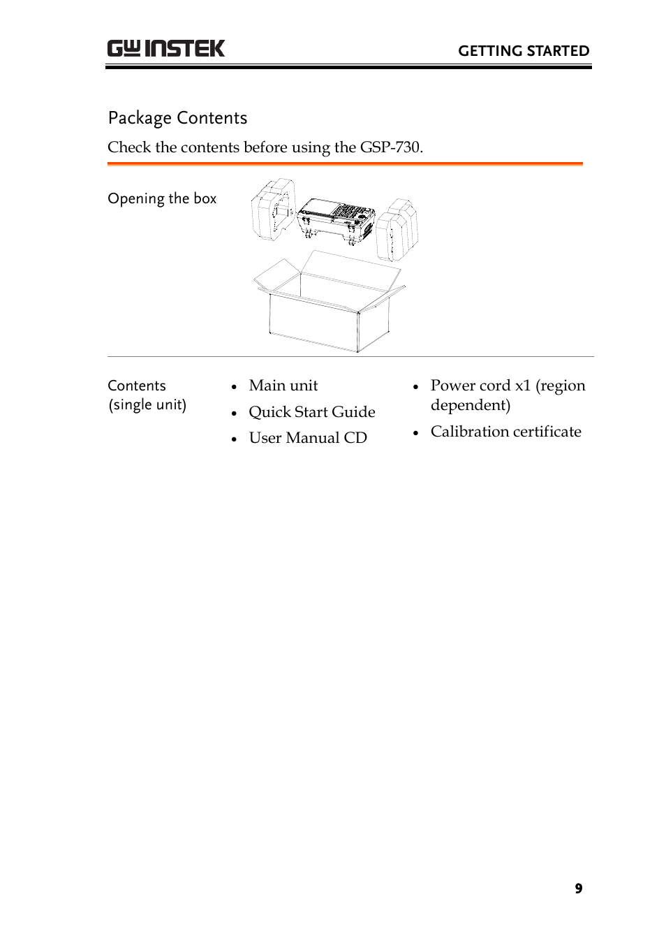 Package contents | GW Instek GSP-730 User Manual User Manual | Page 11 / 114