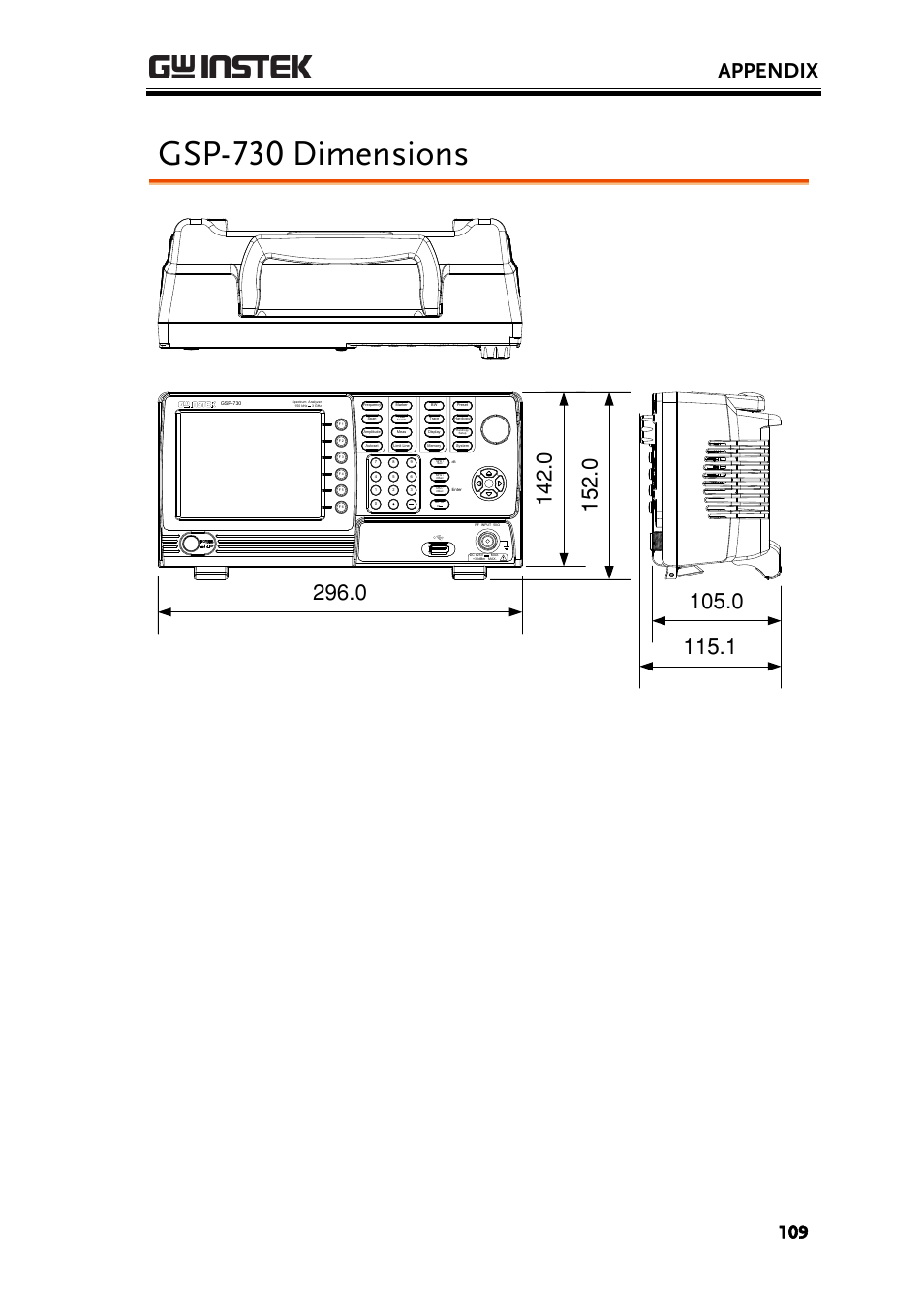 Gsp-730 dimensions, Appendix, Unit: mm | GW Instek GSP-730 User Manual User Manual | Page 111 / 114