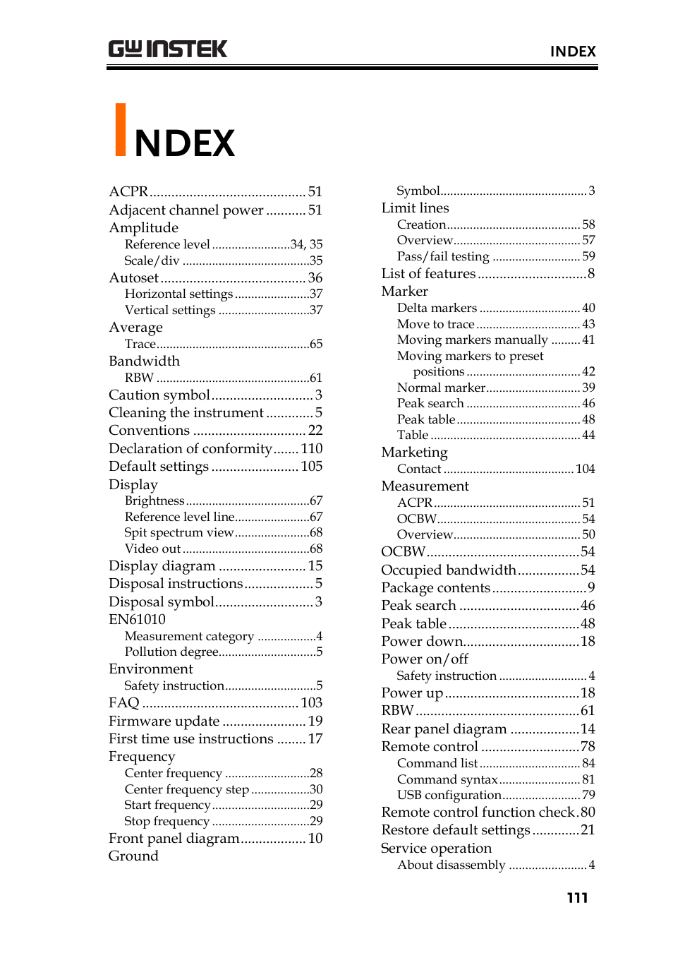 Index, Ndex | GW Instek GSP-730 User Manual User Manual | Page 113 / 114