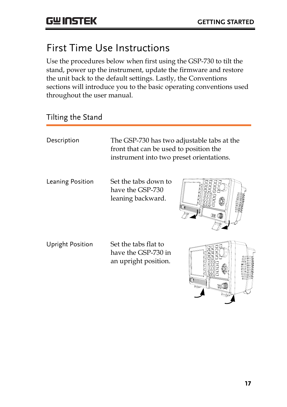 First time use instructions, Tilting the stand, First use instructions | GW Instek GSP-730 User Manual User Manual | Page 19 / 114