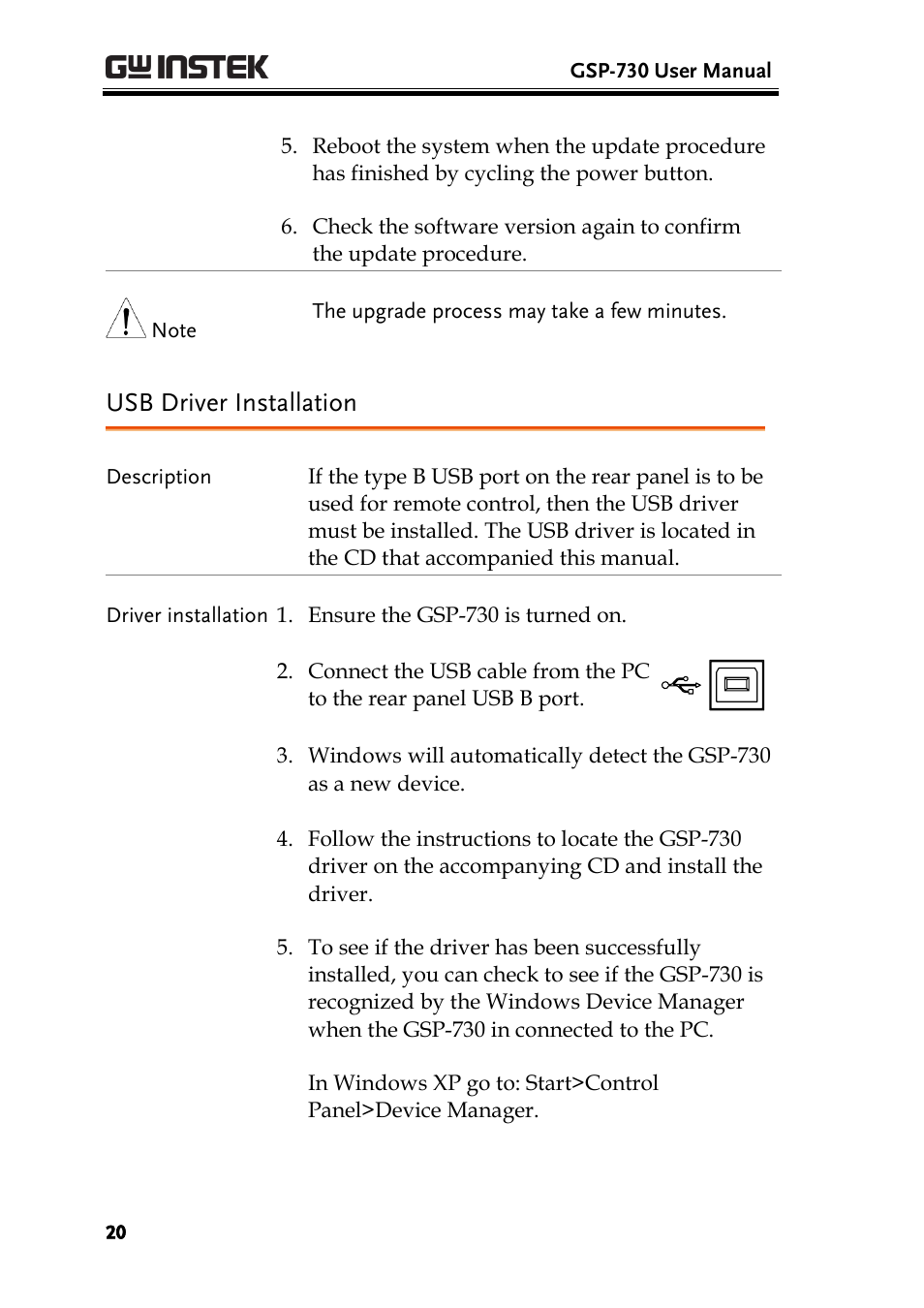 Usb driver installation | GW Instek GSP-730 User Manual User Manual | Page 22 / 114