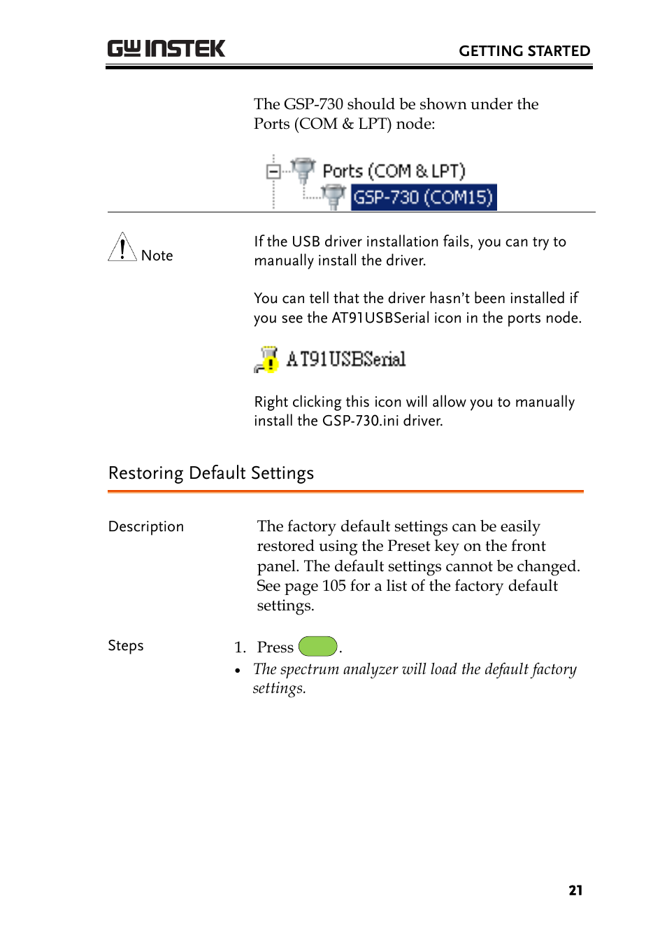 Restoring default settings | GW Instek GSP-730 User Manual User Manual | Page 23 / 114