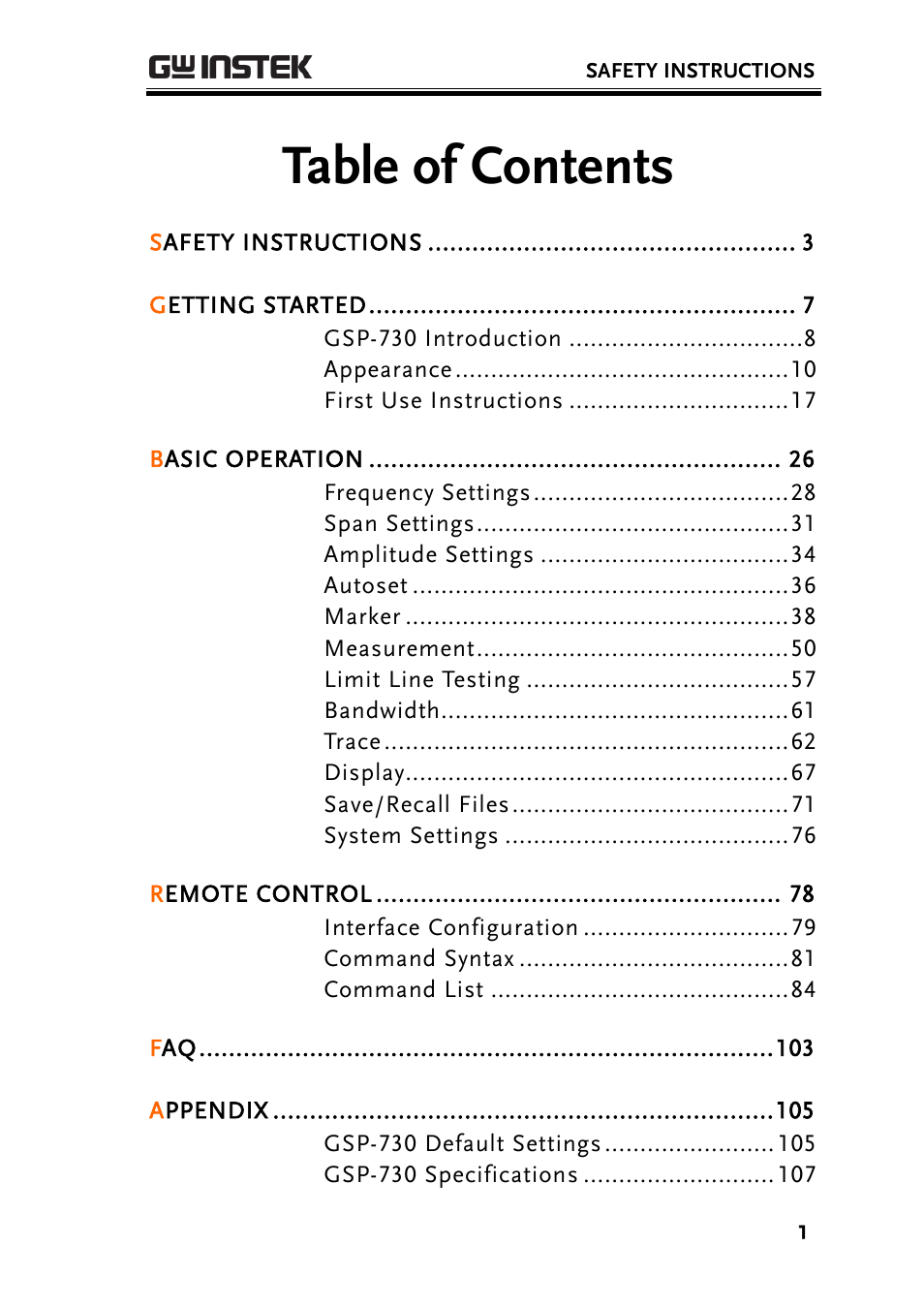 GW Instek GSP-730 User Manual User Manual | Page 3 / 114