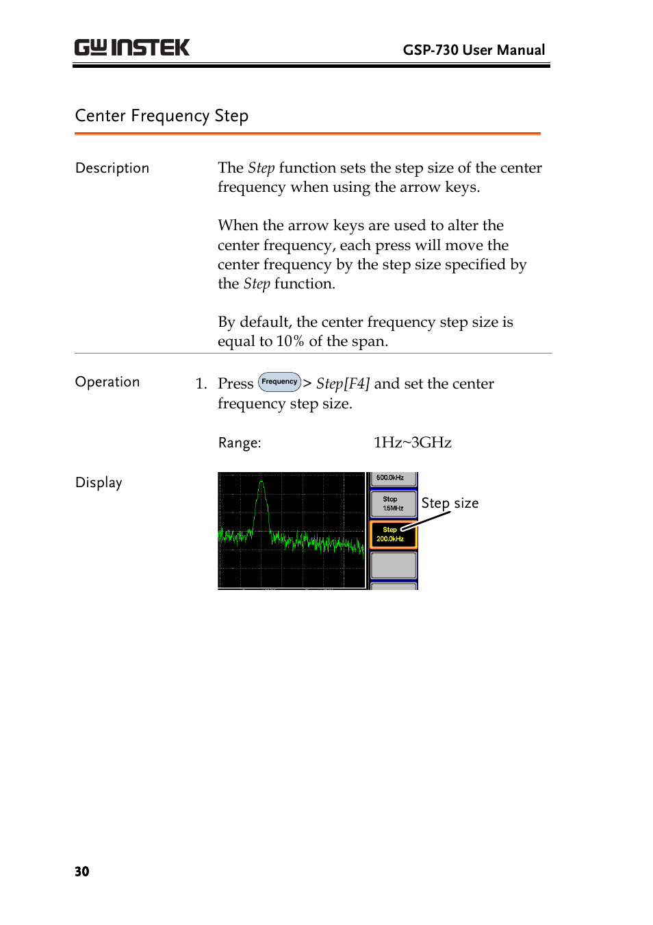 Center frequency step | GW Instek GSP-730 User Manual User Manual | Page 32 / 114