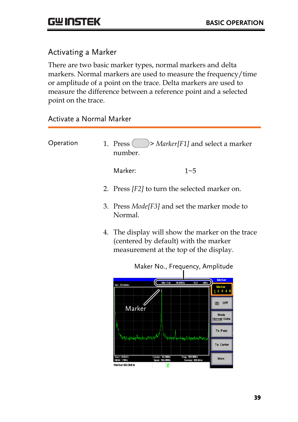 Activating a marker, Activate a normal marker, Ge 39 | GW Instek GSP-730 User Manual User Manual | Page 41 / 114