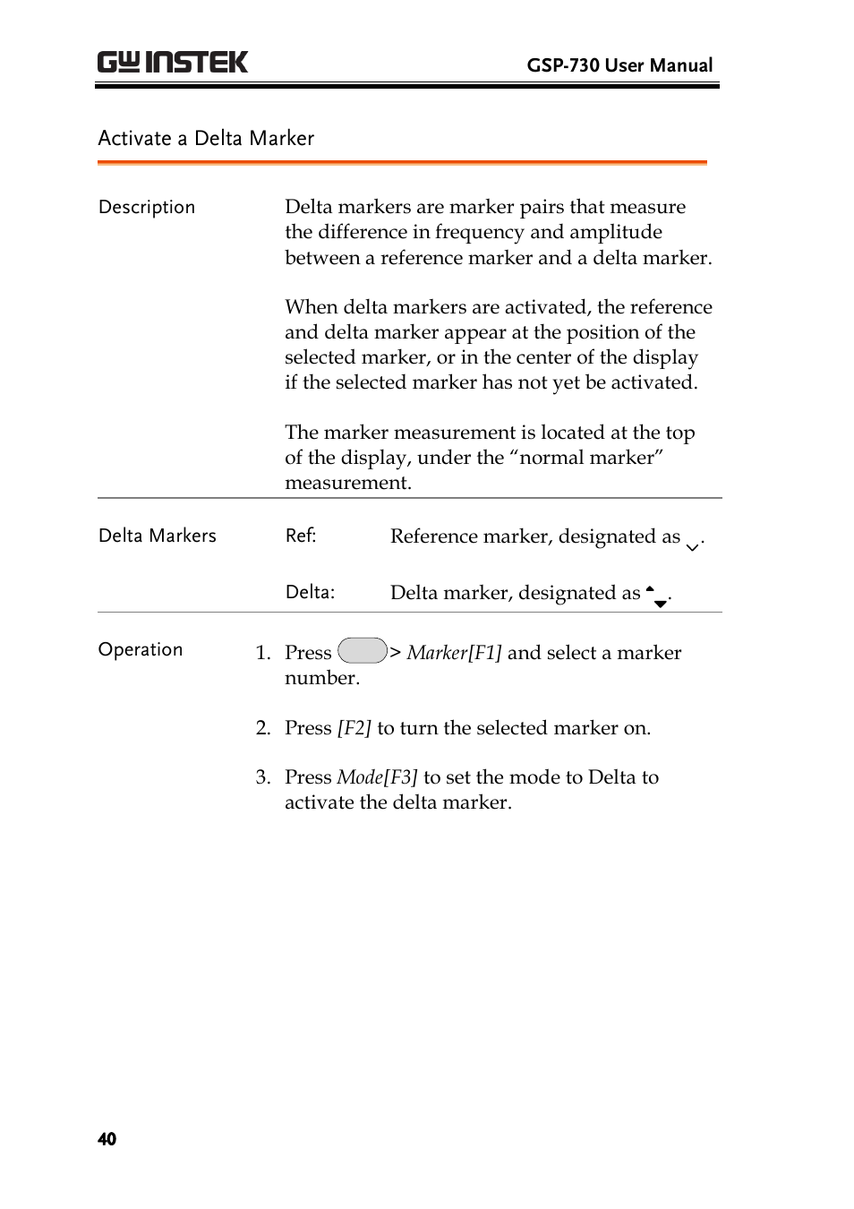 Activate a delta marker, Ge 40 | GW Instek GSP-730 User Manual User Manual | Page 42 / 114