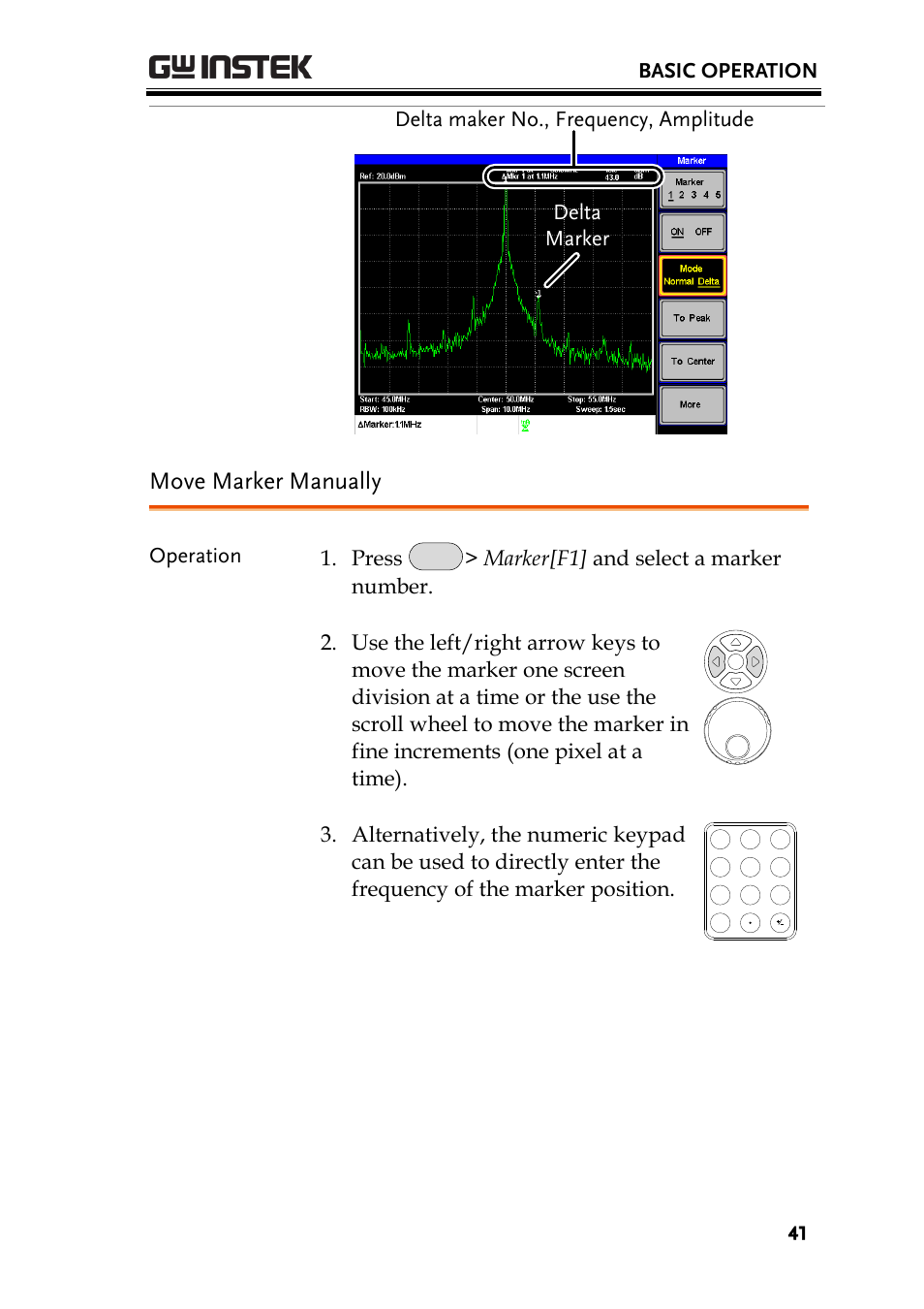 Move marker manually, Ge 41, Basic operation | Delta maker no., frequency, amplitude delta marker, Operation 1. press | GW Instek GSP-730 User Manual User Manual | Page 43 / 114
