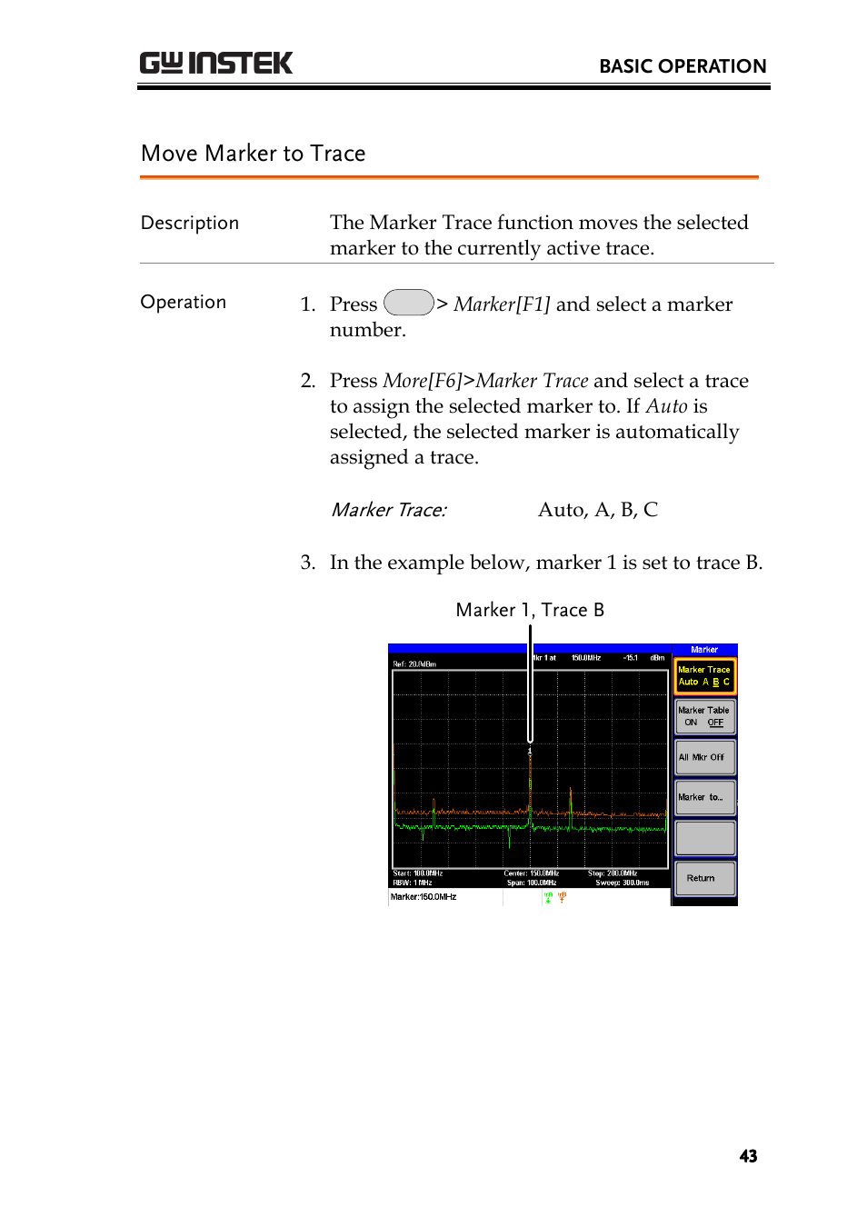 Move marker to trace, Ge 43 | GW Instek GSP-730 User Manual User Manual | Page 45 / 114