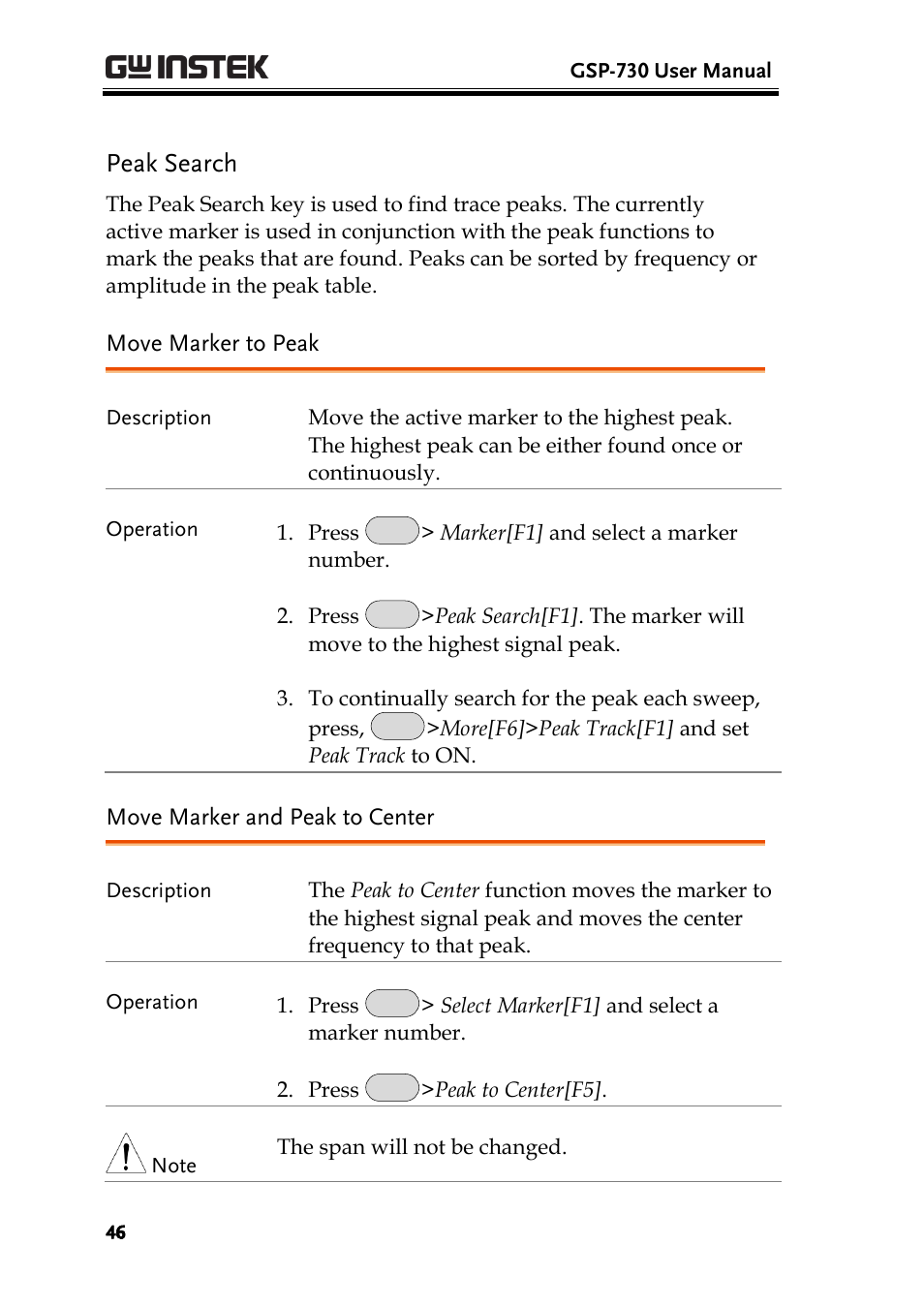 Peak search, Move marker to peak, Move marker and peak to center | Ge 46 | GW Instek GSP-730 User Manual User Manual | Page 48 / 114