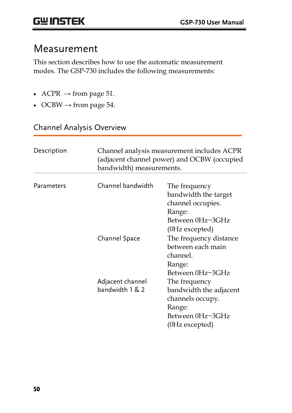 Measurement, Channel analysis overview | GW Instek GSP-730 User Manual User Manual | Page 52 / 114