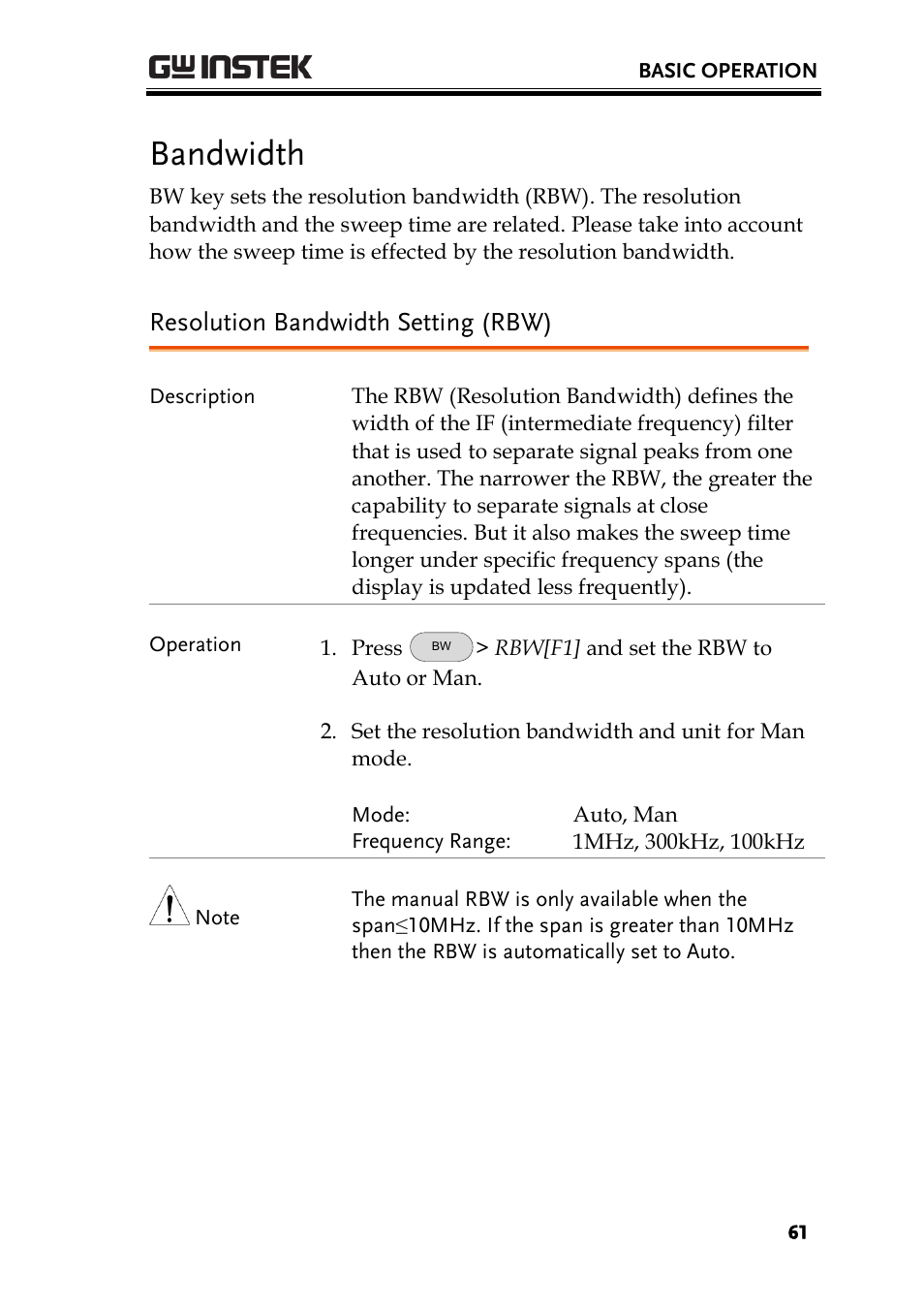 Bandwidth, Resolution bandwidth setting (rbw) | GW Instek GSP-730 User Manual User Manual | Page 63 / 114