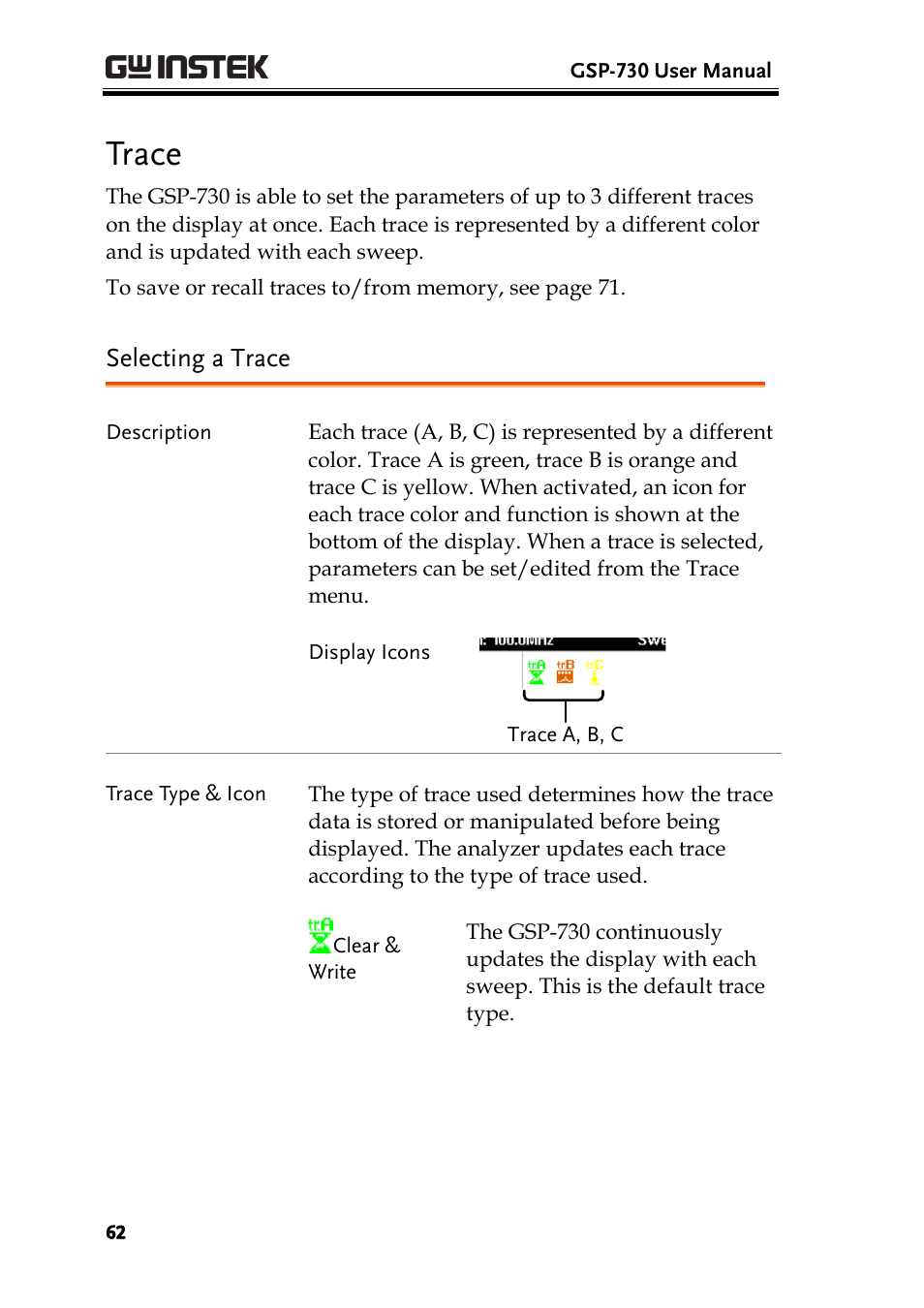 Trace, Selecting a trace | GW Instek GSP-730 User Manual User Manual | Page 64 / 114