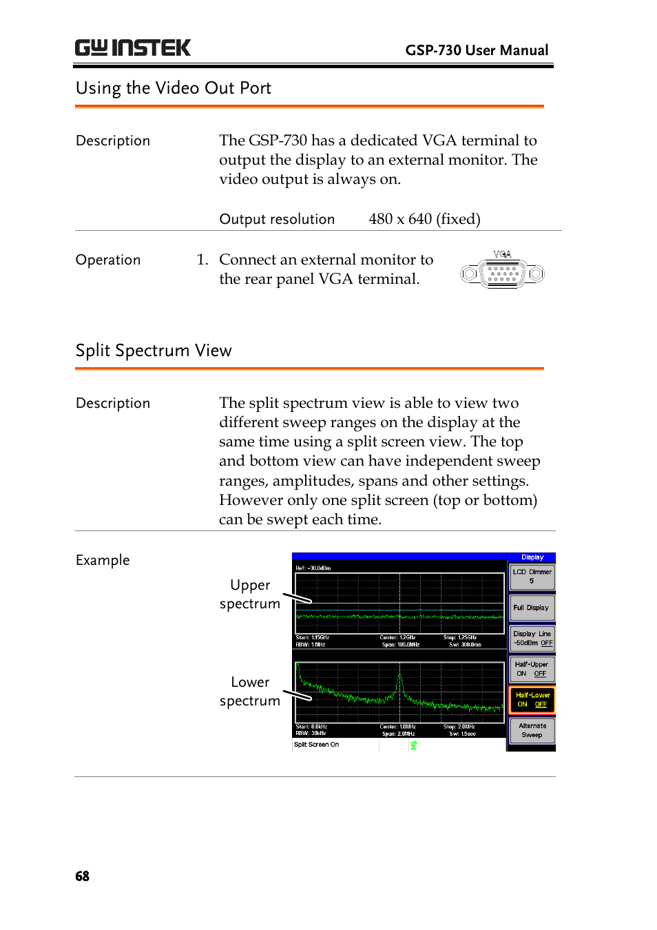 Using the video out port, Split spectrum view, Using the video out port split spectrum view | GW Instek GSP-730 User Manual User Manual | Page 70 / 114