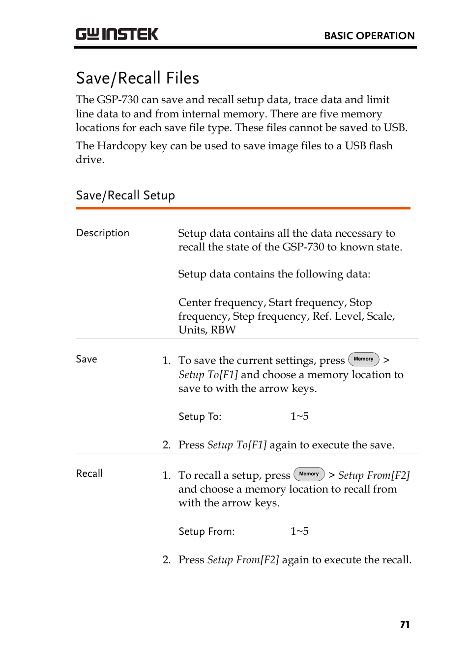 Save/recall files, Save/recall setup | GW Instek GSP-730 User Manual User Manual | Page 73 / 114