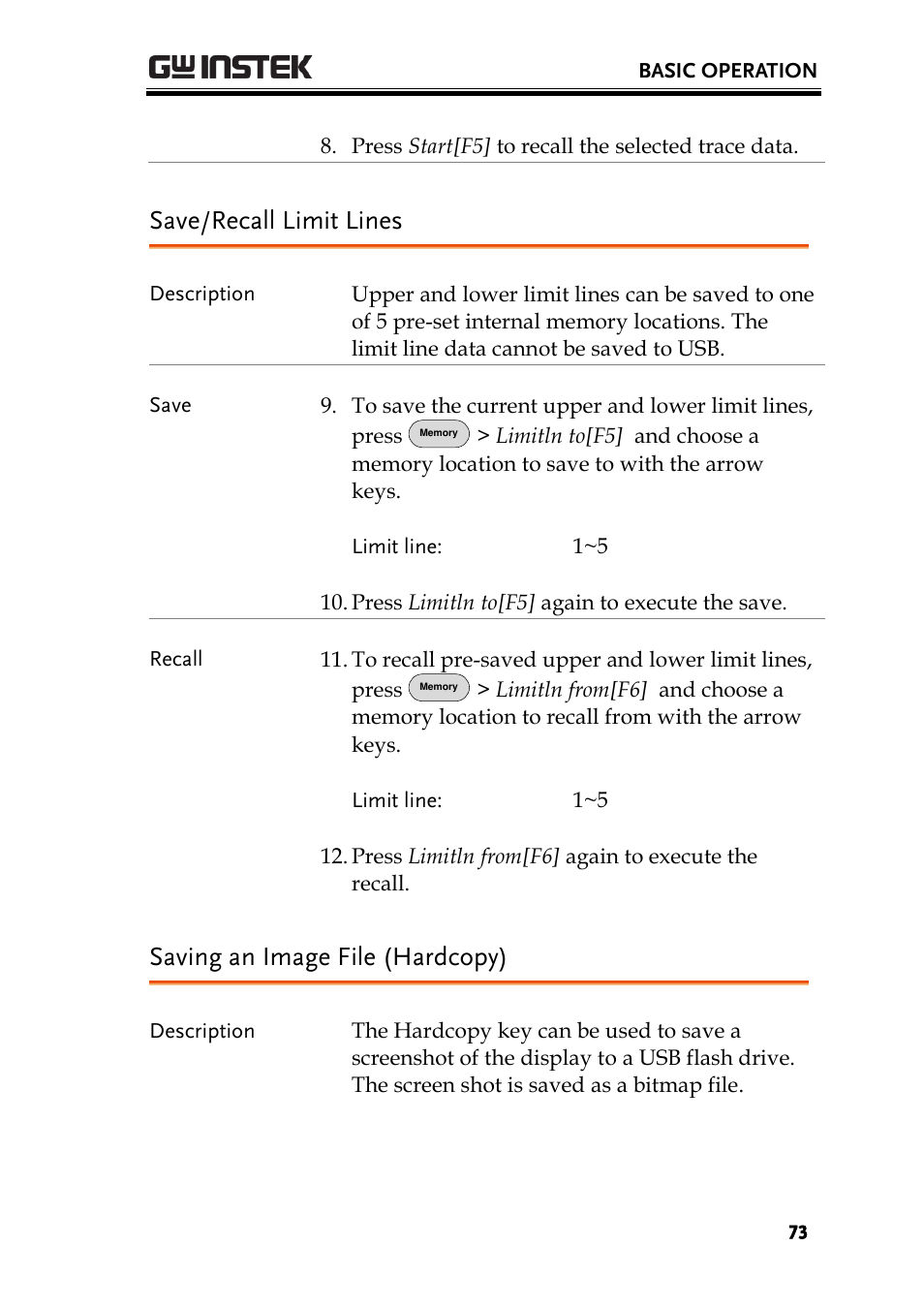 Save/recall limit lines, Saving an image file (hardcopy) | GW Instek GSP-730 User Manual User Manual | Page 75 / 114