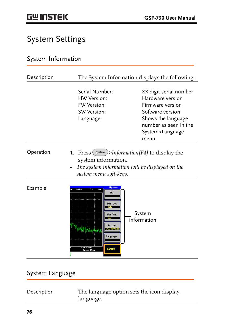 System settings, System information, System language | System information system language | GW Instek GSP-730 User Manual User Manual | Page 78 / 114