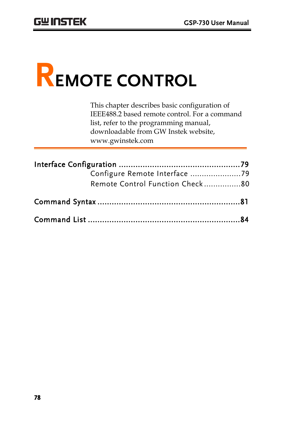 Remote control, Emote control | GW Instek GSP-730 User Manual User Manual | Page 80 / 114