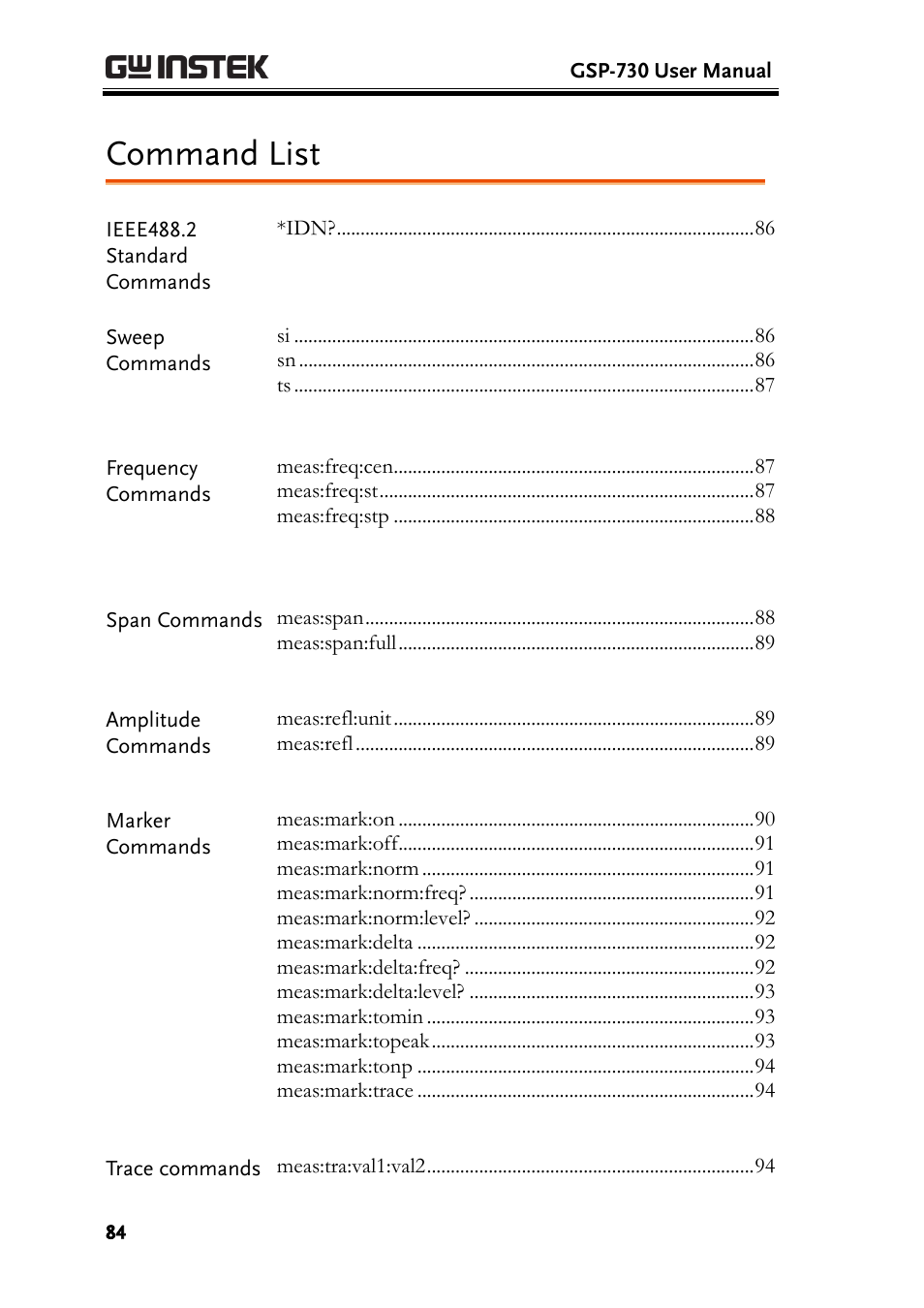 Command list | GW Instek GSP-730 User Manual User Manual | Page 86 / 114