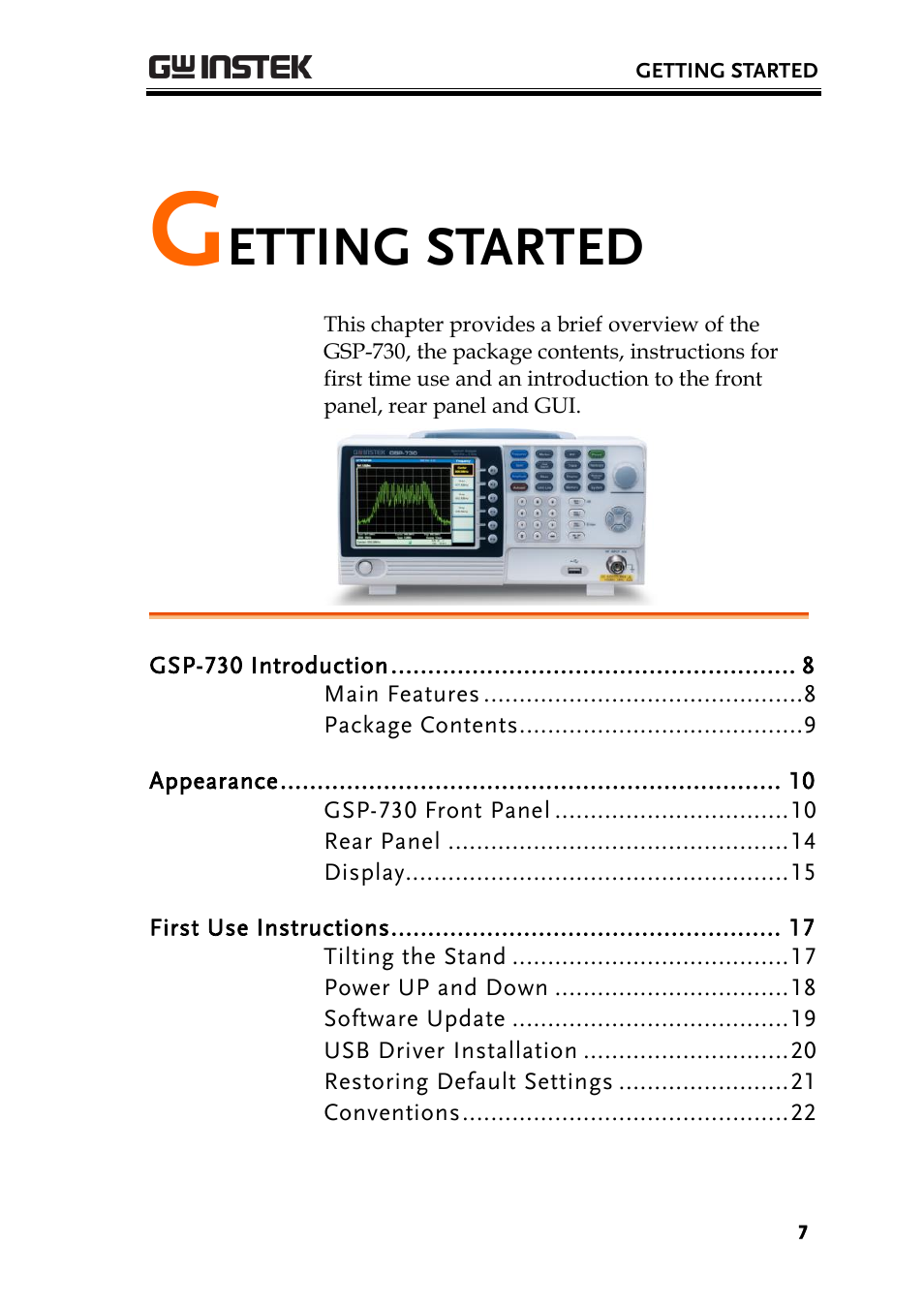 Getting started, Etting started | GW Instek GSP-730 User Manual User Manual | Page 9 / 114