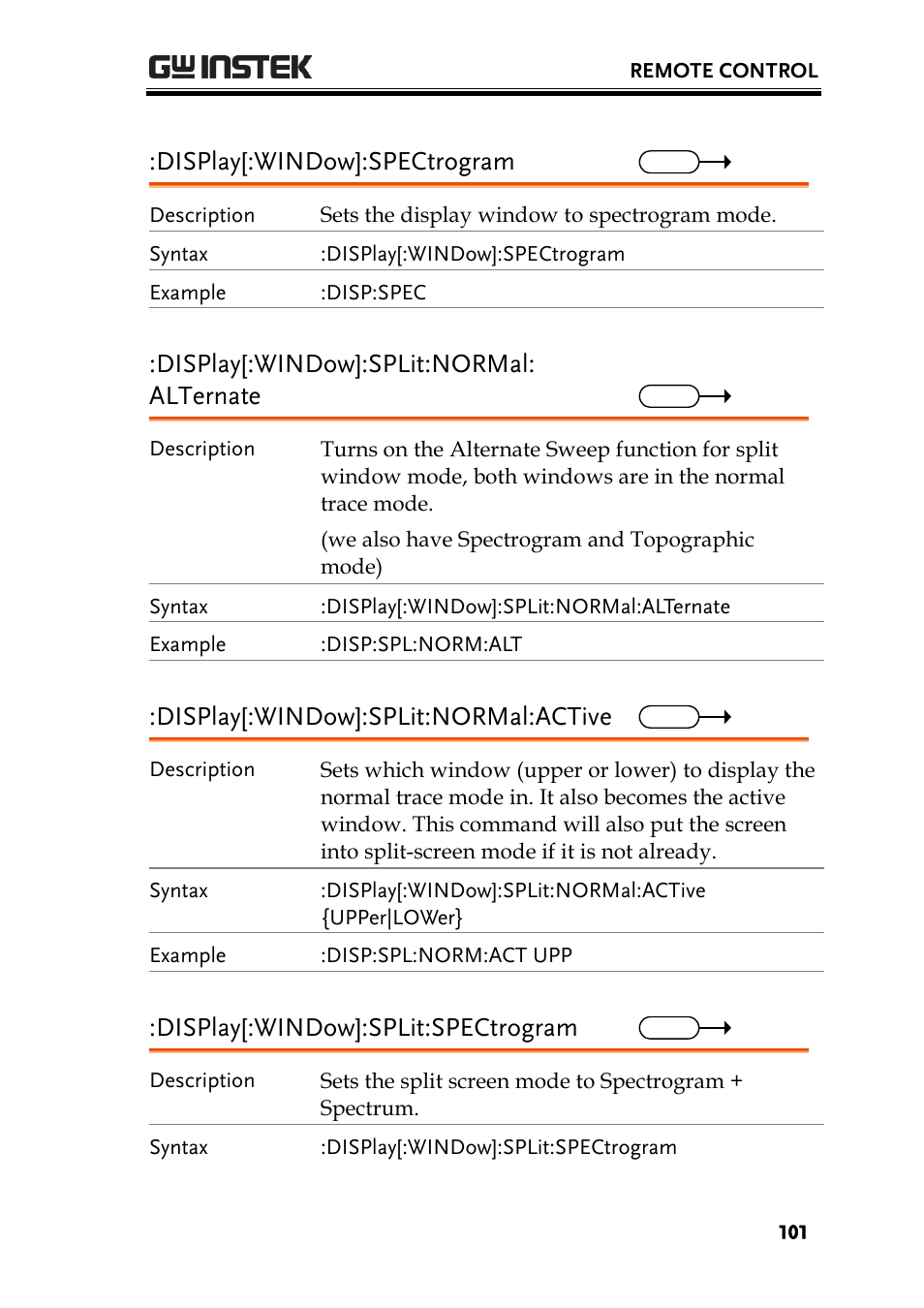 Display[:window]:spectrogram, Display[:window]:split:normal: alternate, Display[:window]:split:normal:active | Display[:window]:split:spectrogram | GW Instek GSP-930 Programming Manual User Manual | Page 103 / 195