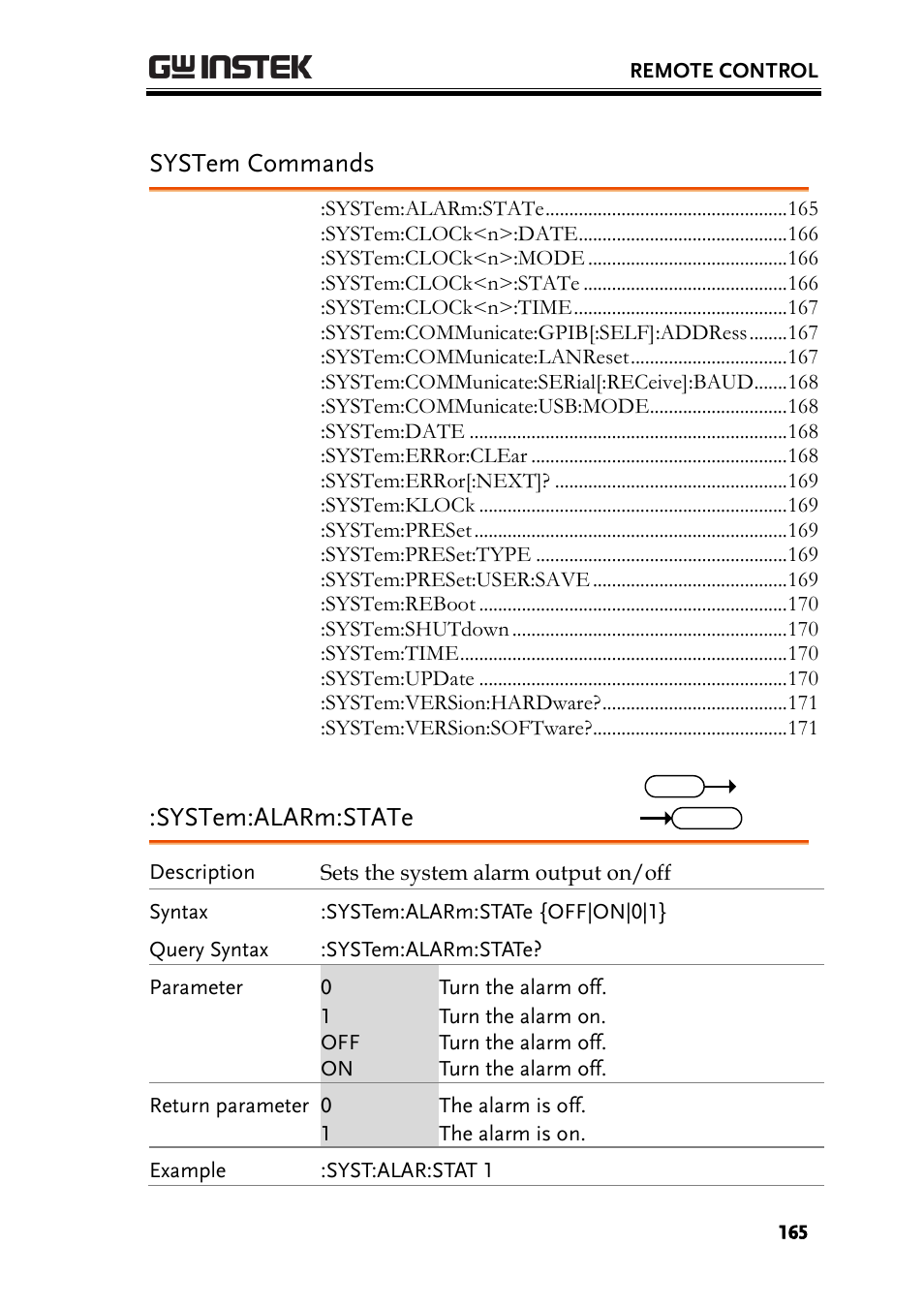 System commands, System:alarm:state | GW Instek GSP-930 Programming Manual User Manual | Page 167 / 195