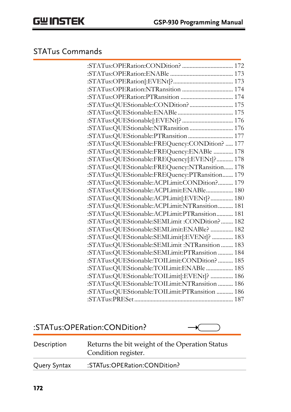 Status commands, Status:operation:condition | GW Instek GSP-930 Programming Manual User Manual | Page 174 / 195