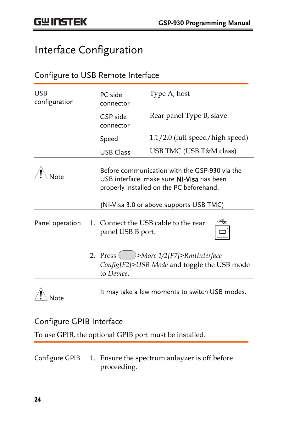 Interface configuration, Configure to usb remote interface, Configure gpib interface | GW Instek GSP-930 Programming Manual User Manual | Page 26 / 195