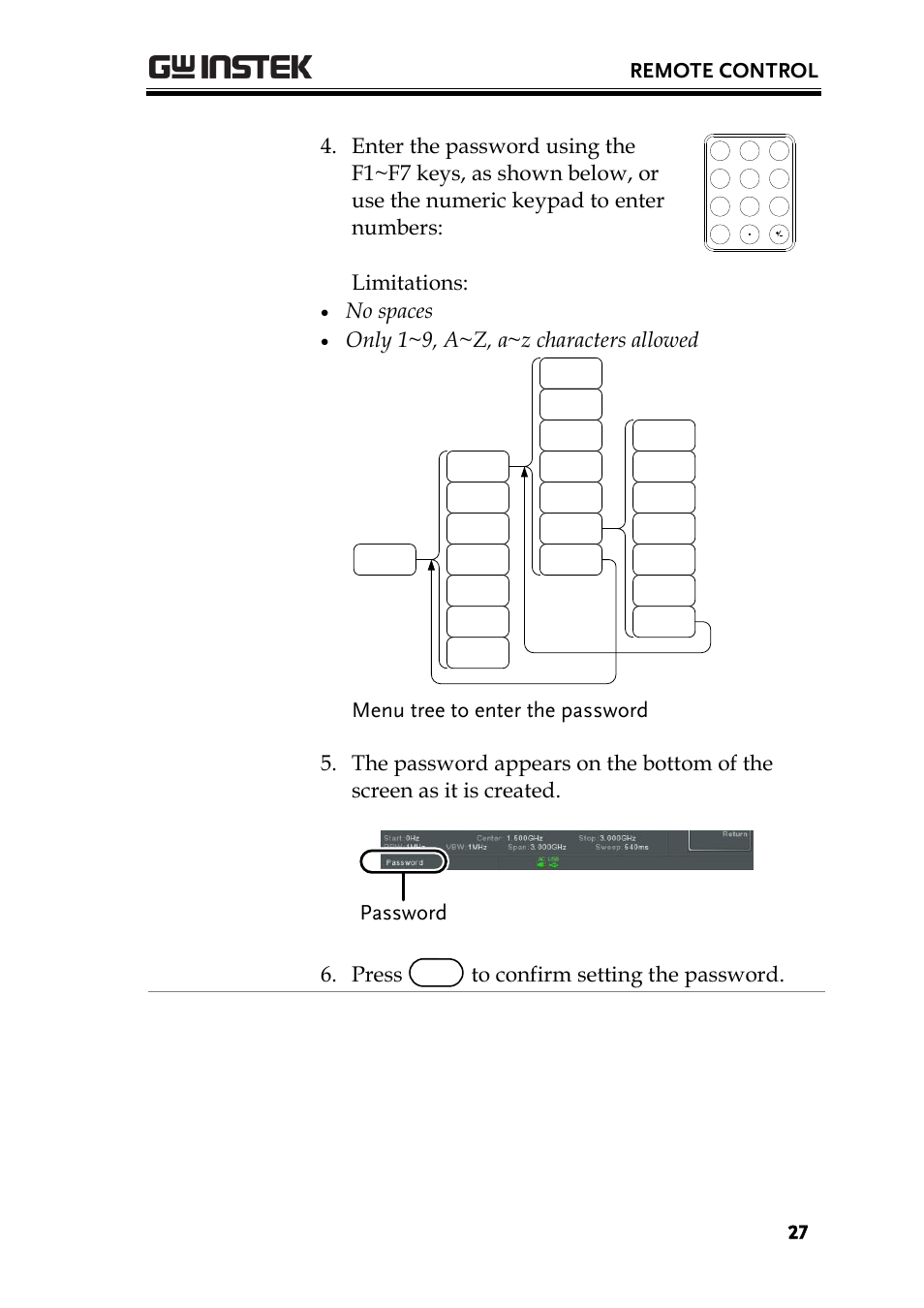 Remote control, Limitations, No spaces | Only 1~9, a~z, a~z characters allowed | GW Instek GSP-930 Programming Manual User Manual | Page 29 / 195