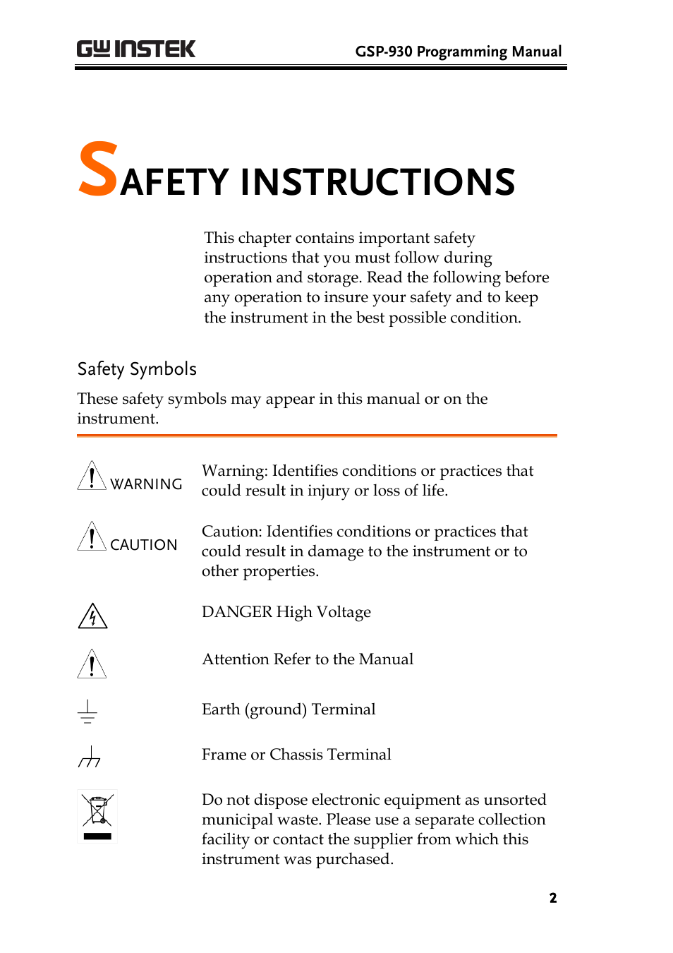 Safety instructions, Safety symbols, Afety instructions | GW Instek GSP-930 Programming Manual User Manual | Page 4 / 195