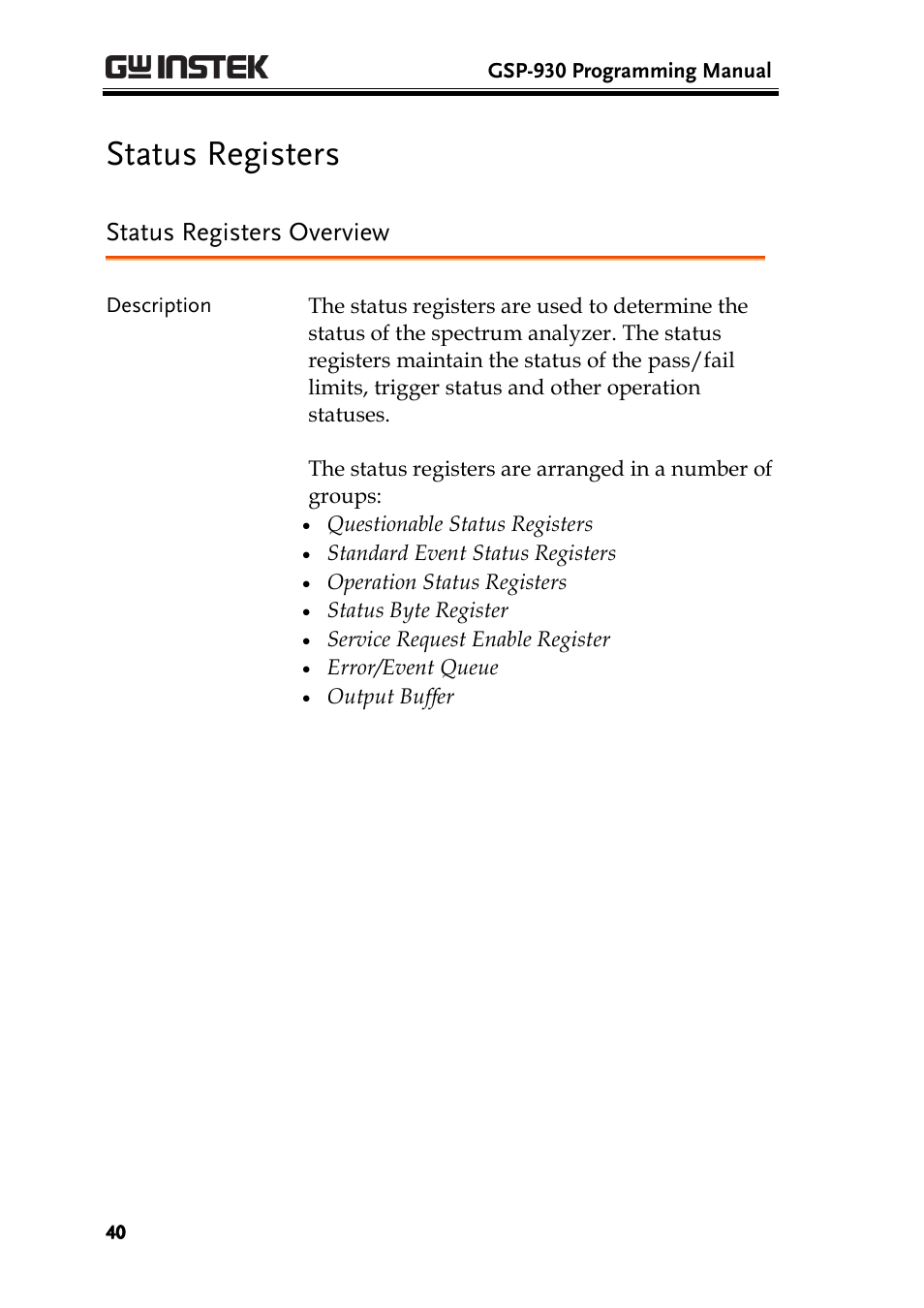 Status registers, Status registers overview | GW Instek GSP-930 Programming Manual User Manual | Page 42 / 195