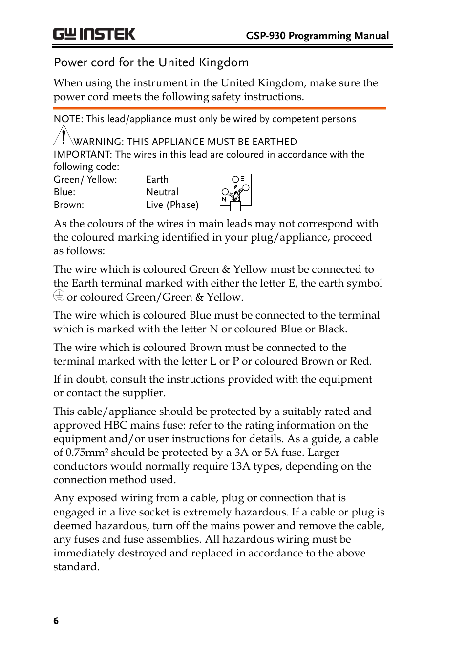 Power cord for the united kingdom | GW Instek GSP-930 Programming Manual User Manual | Page 8 / 195