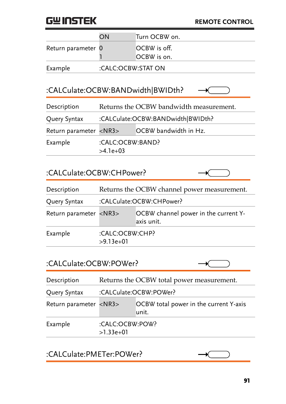 Calculate:ocbw:bandwidth|bwidth, Calculate:ocbw:chpower, Calculate:ocbw:power | Calculate:pmeter:power | GW Instek GSP-930 Programming Manual User Manual | Page 93 / 195
