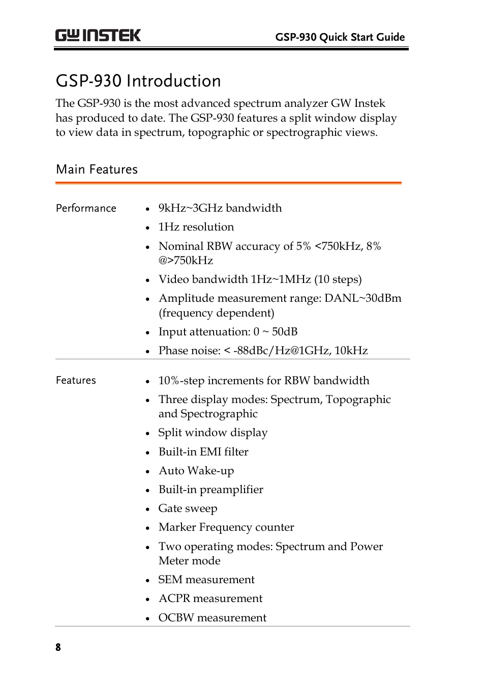 Gsp-930 introduction, Main features | GW Instek GSP-930 Quick start guide User Manual | Page 10 / 59