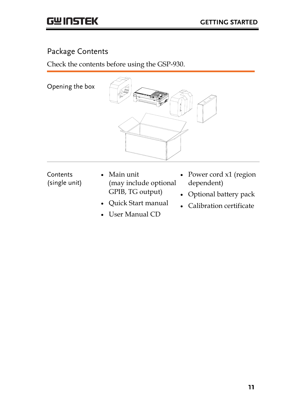 Package contents | GW Instek GSP-930 Quick start guide User Manual | Page 13 / 59