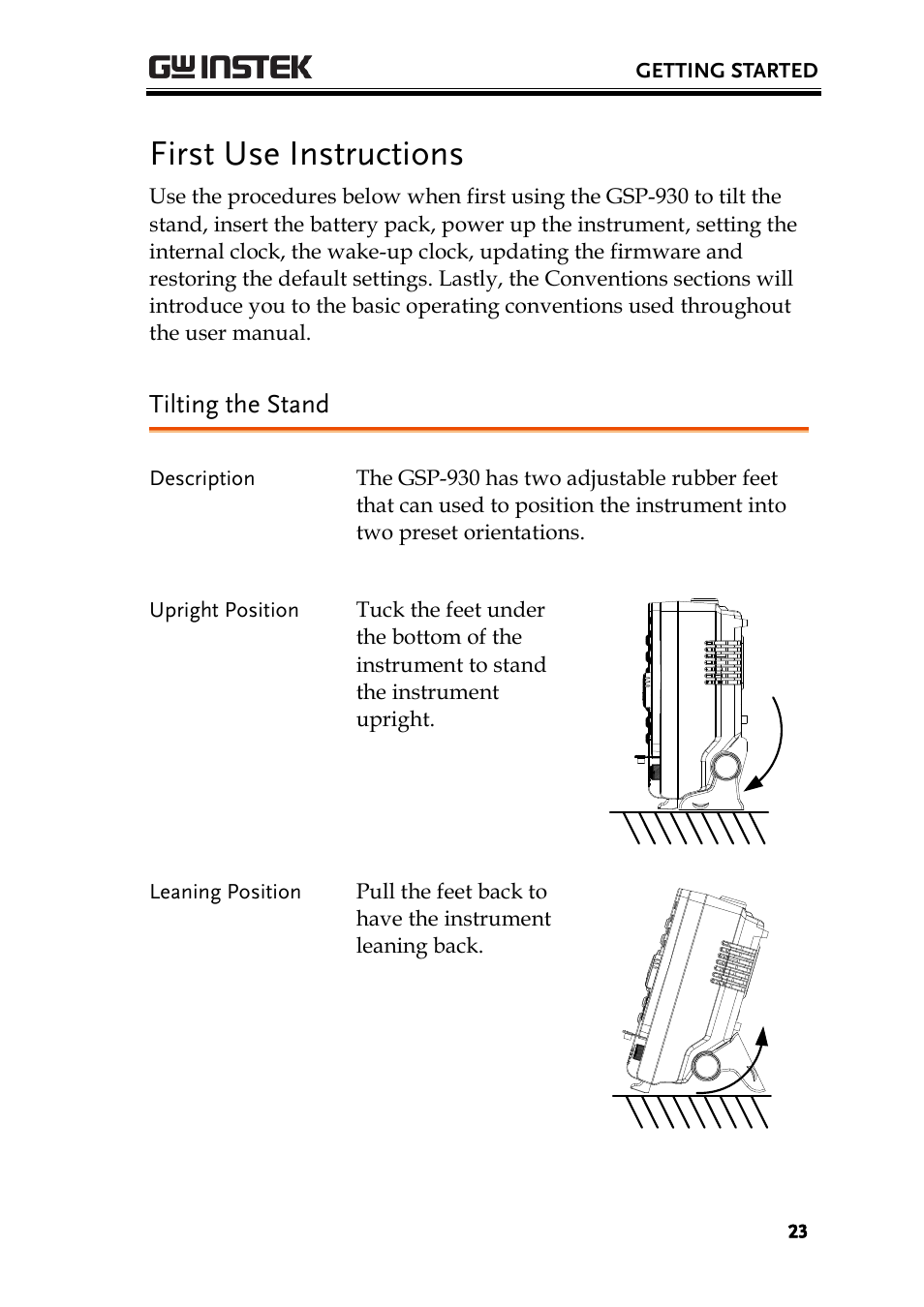 First use instructions, Tilting the stand | GW Instek GSP-930 Quick start guide User Manual | Page 25 / 59