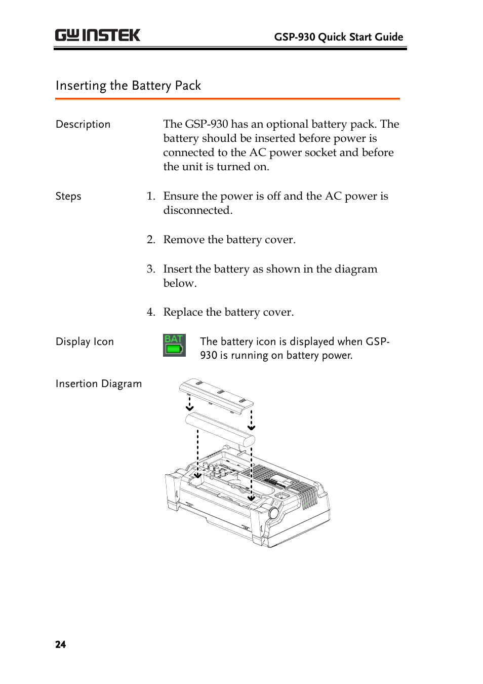 Inserting the battery pack | GW Instek GSP-930 Quick start guide User Manual | Page 26 / 59