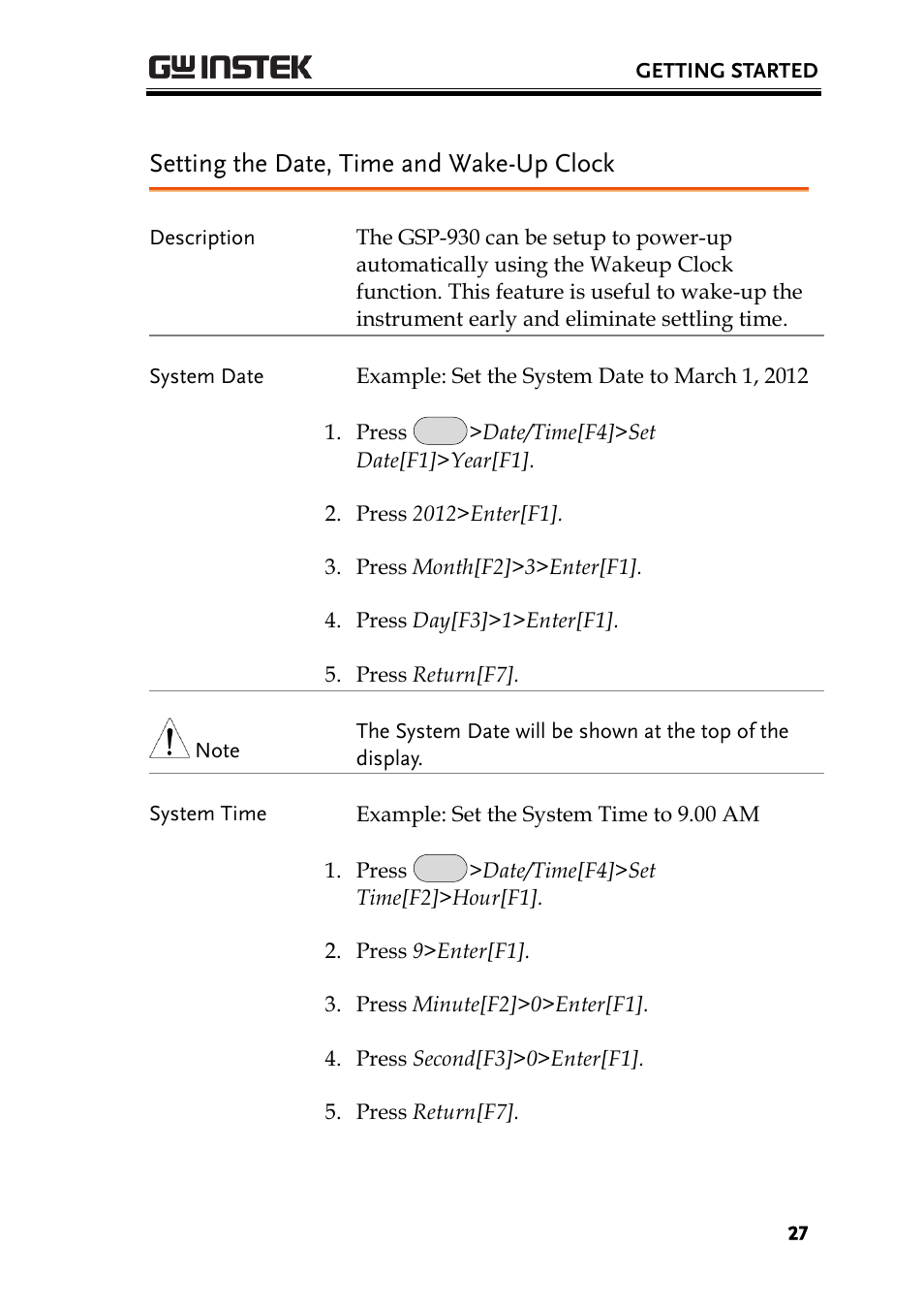 Setting the date, time and wake-up clock | GW Instek GSP-930 Quick start guide User Manual | Page 29 / 59