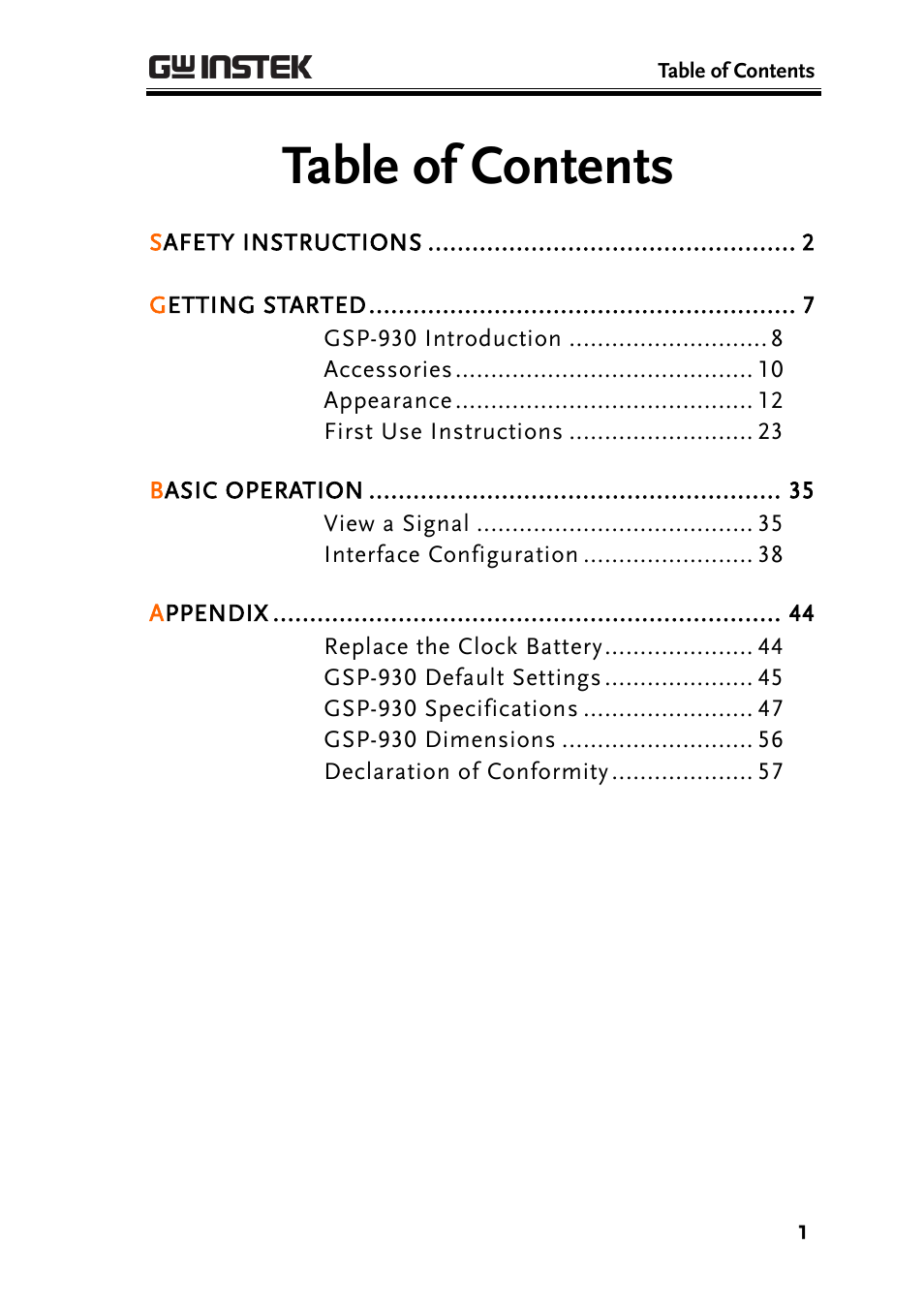 GW Instek GSP-930 Quick start guide User Manual | Page 3 / 59