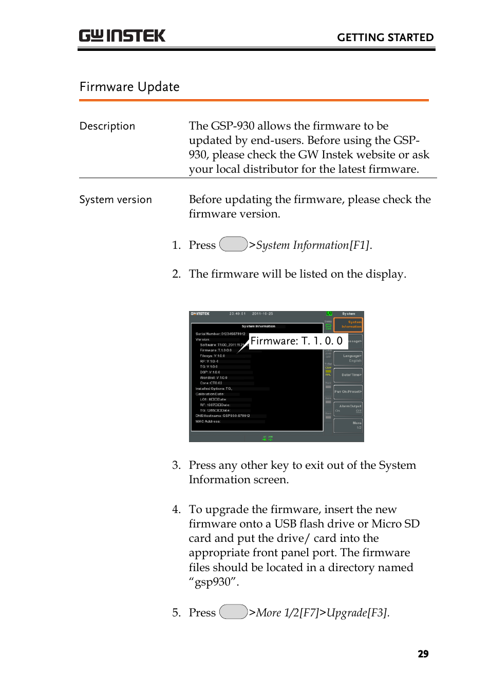 Firmware update | GW Instek GSP-930 Quick start guide User Manual | Page 31 / 59