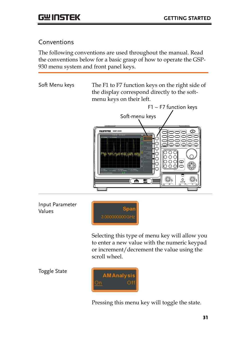 Conventions, Getting started | GW Instek GSP-930 Quick start guide User Manual | Page 33 / 59